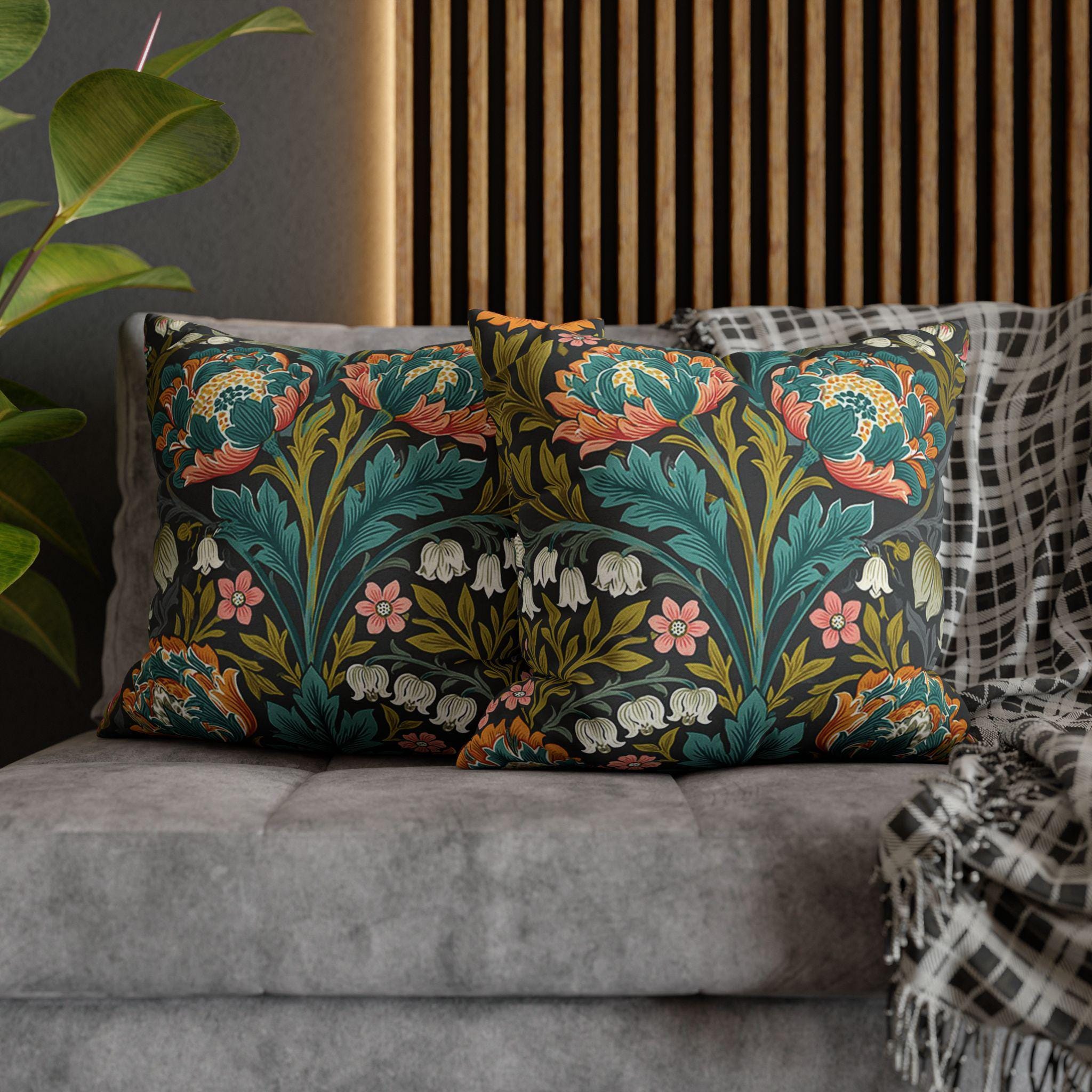 William Morris Style Throw Pillow Cover: Moody Teal Coral Botanical
