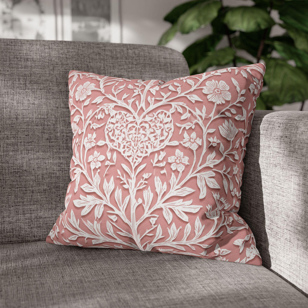 William Morris Inspired Heart & Blooms Pillow Cover: Faux Lace Botanical Design