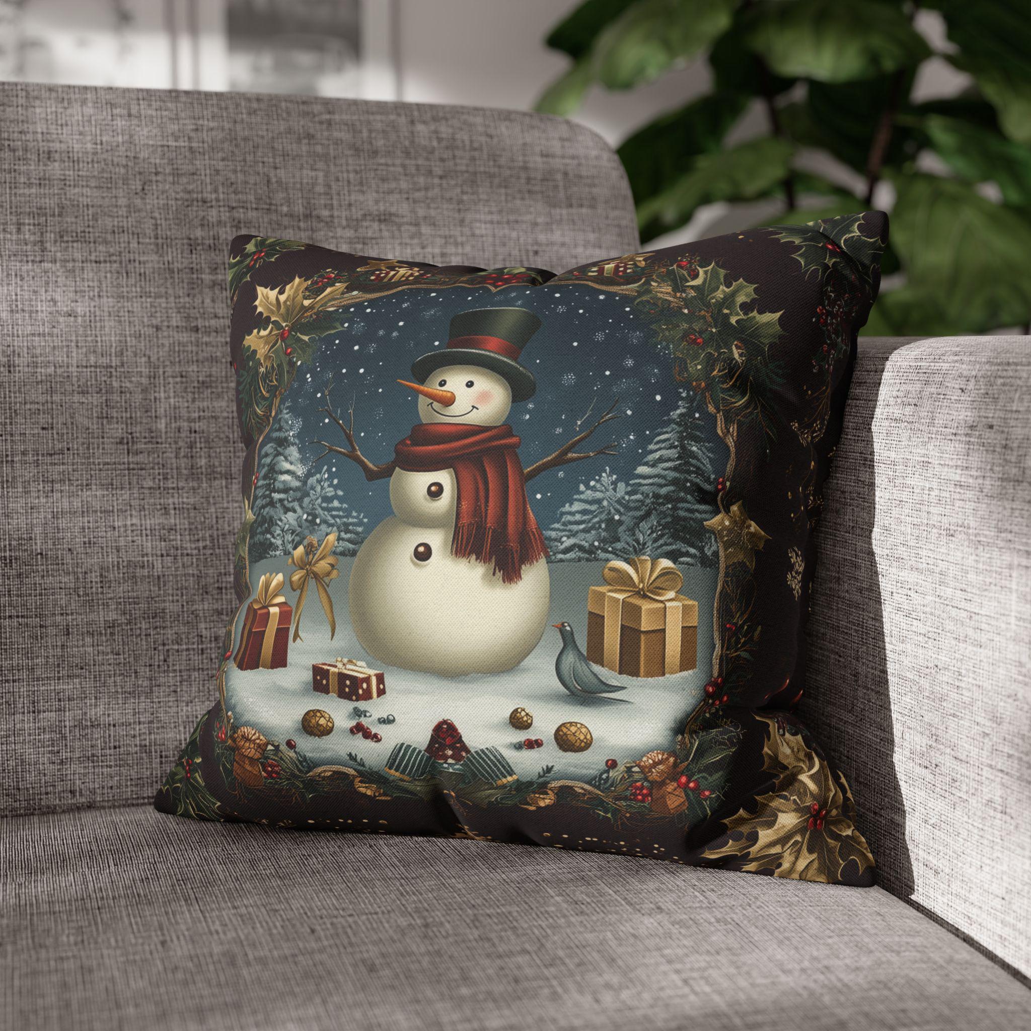 Vintage Style Holiday Pillow Cover: Burgundy and Gold Christmas Snowman Design