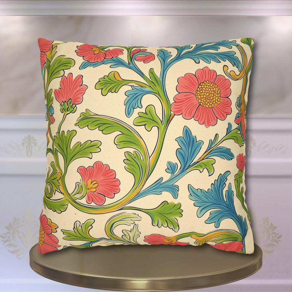 Arts and Crafts Floral Pillow Cover: William Morris Lodden-Inspired Design in Coral, Blue, Green