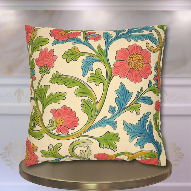 Arts and Crafts Floral Pillow Cover: William Morris Lodden-Inspired Design in Coral, Blue, Green