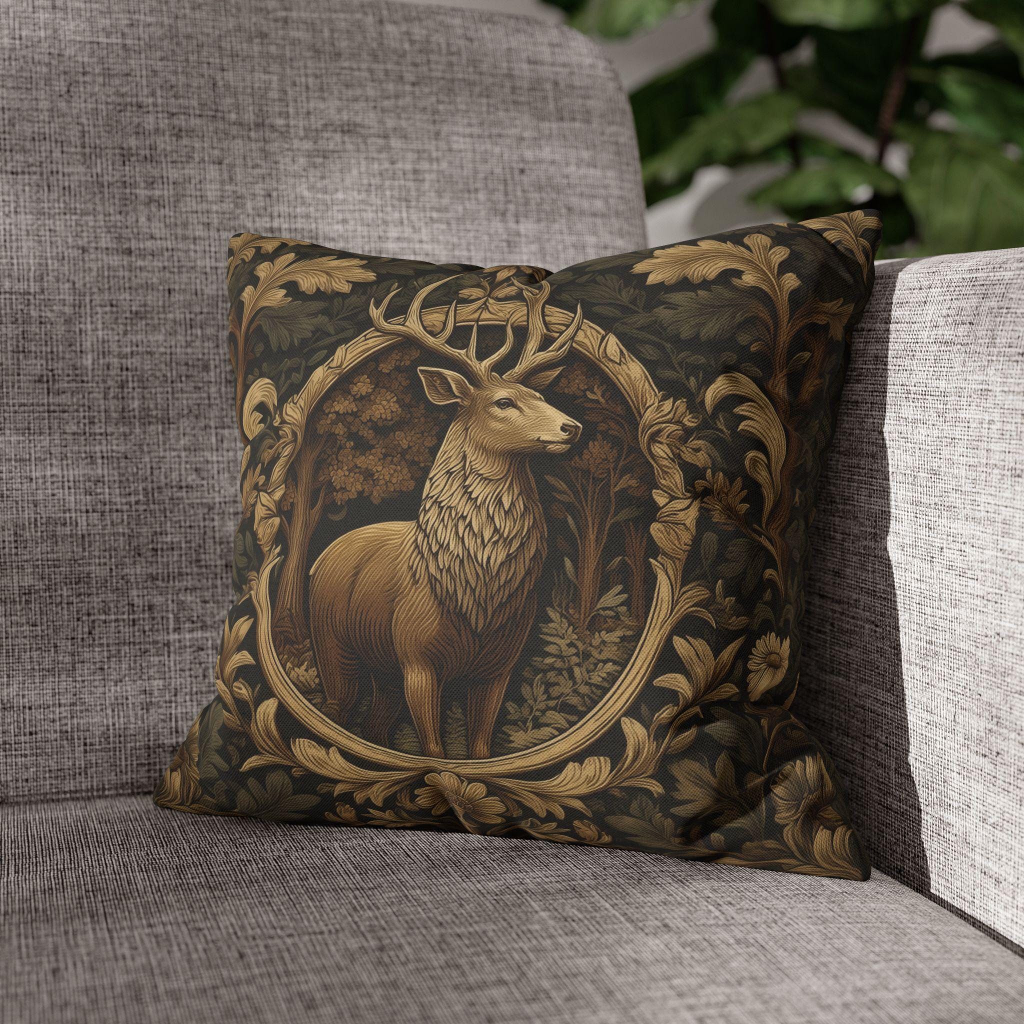 William Morris Inspired Noble Stag Pillow Cover: Botanical Woodland Design