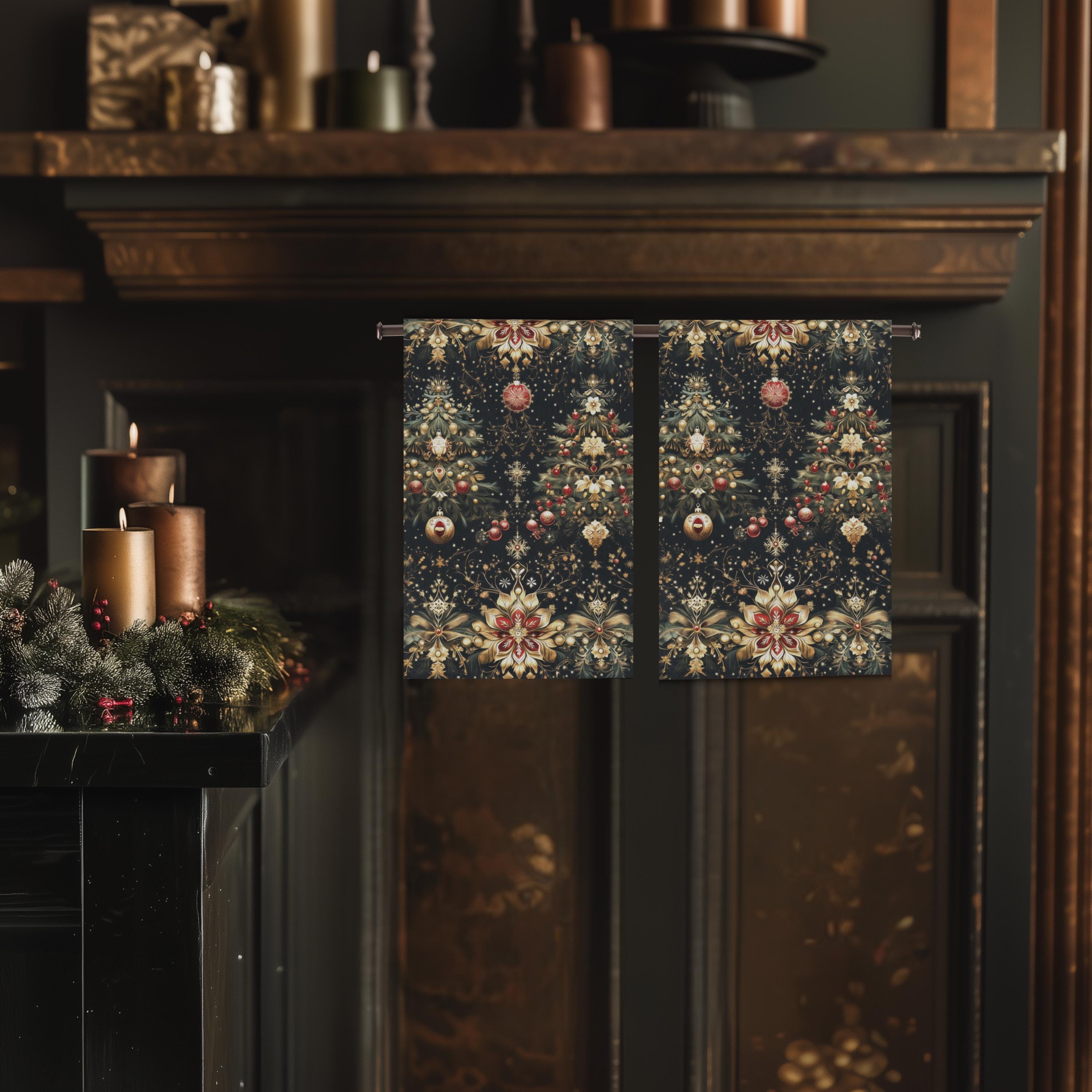 Christmas Tree Hand Towel: Luxe Gold Red & Green on Deep Charcoal Holiday Bath Decor