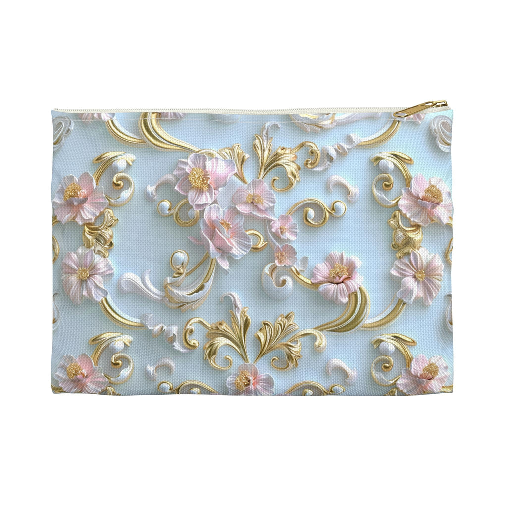 Rococo Zipper Pouch: Golden Scrollwork, Pink Flowers, Coquette Accessory
