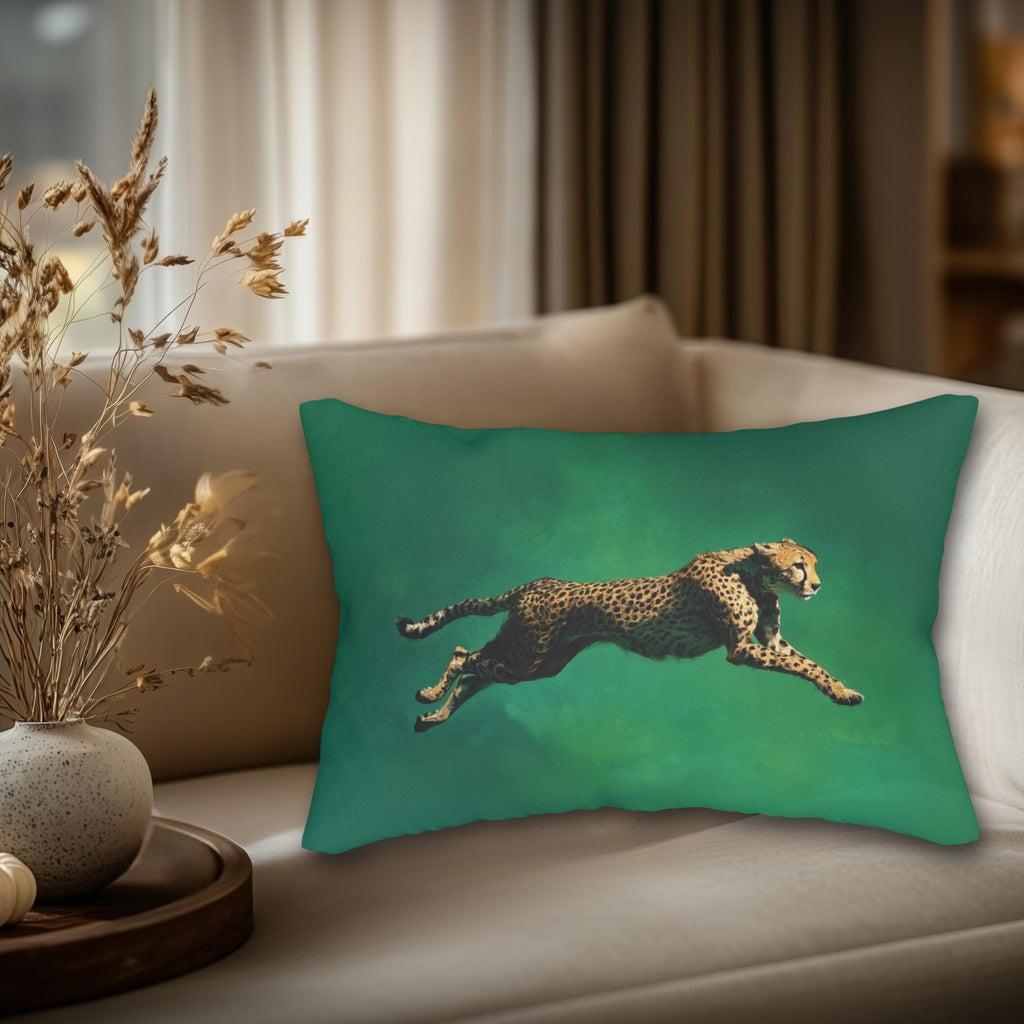 Emerald Sprint Lumbar Pillow: Leaping Cheetah on Jewel-Tone Green