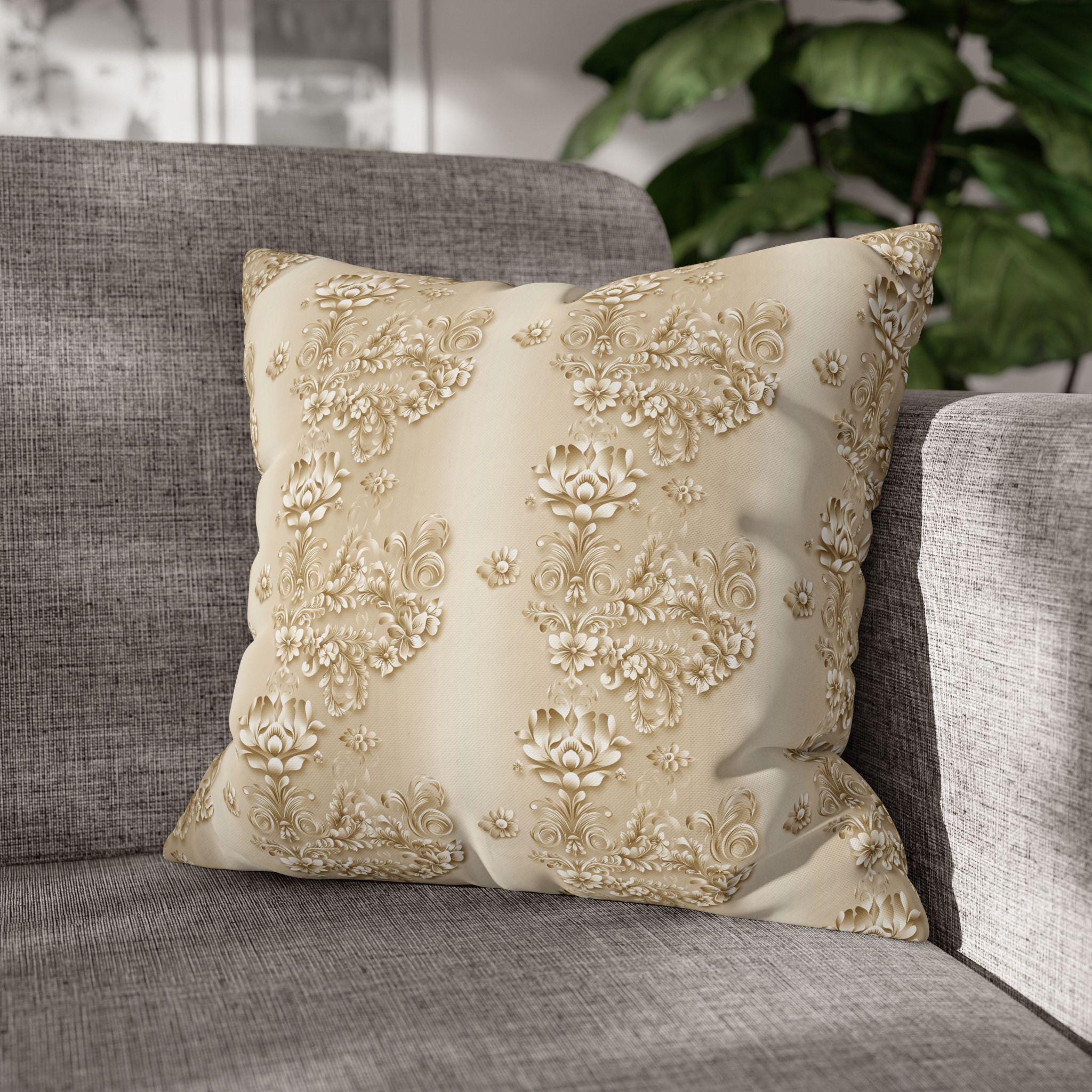 Floral Scrollwork Pillow Cover: Elegant Gold & Beige Euro Sham Sizes