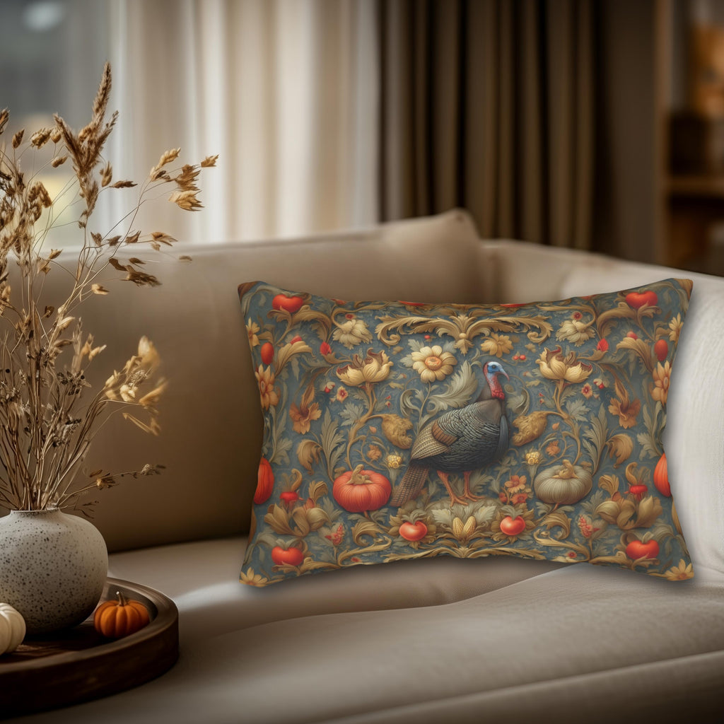 William Morris Wild Turkey Tapestry Lumbar Pillow: Autumn Harvest Thanksgiving Decor