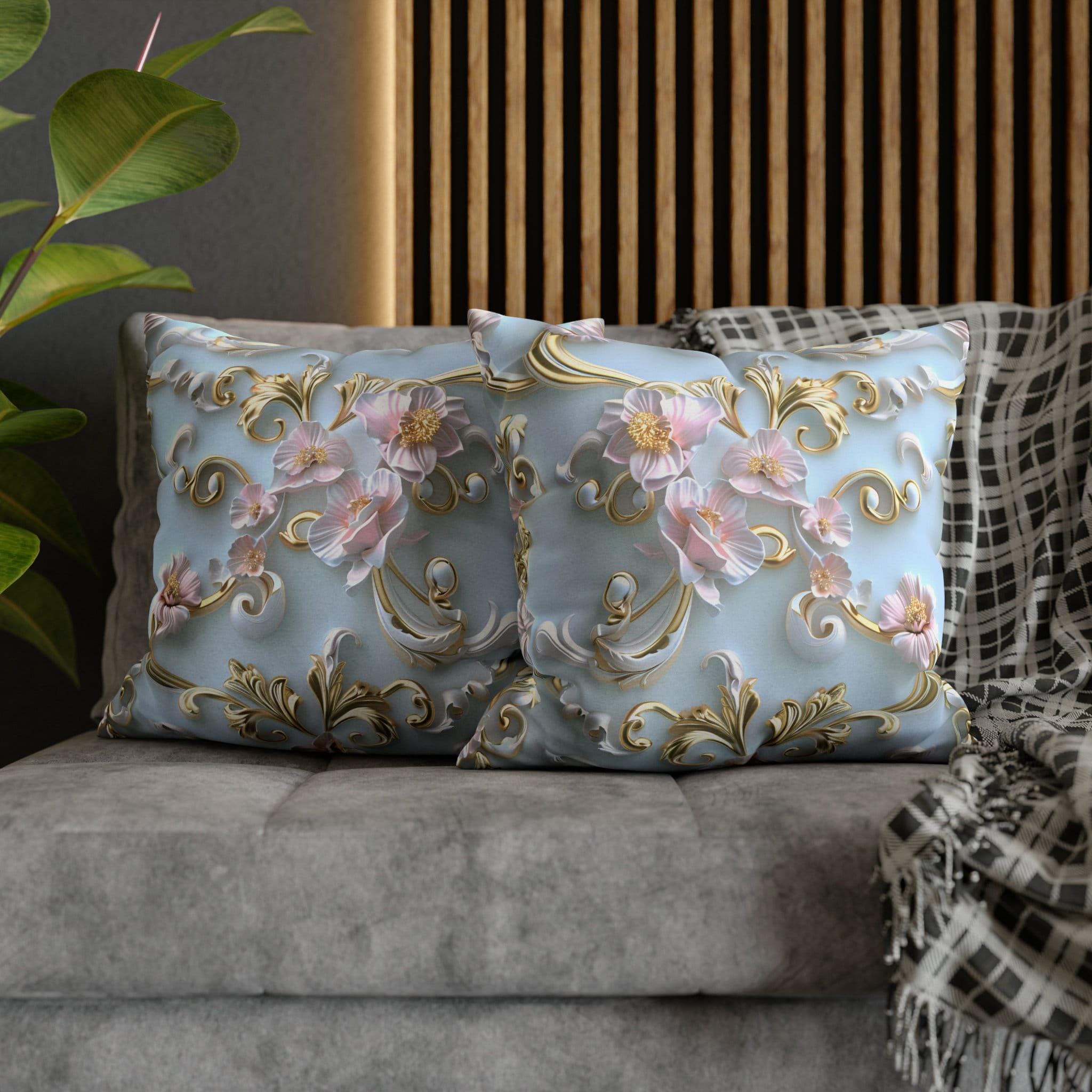 Rococo Coquette Pillow Cover: Pink Flowers, Gold Accents