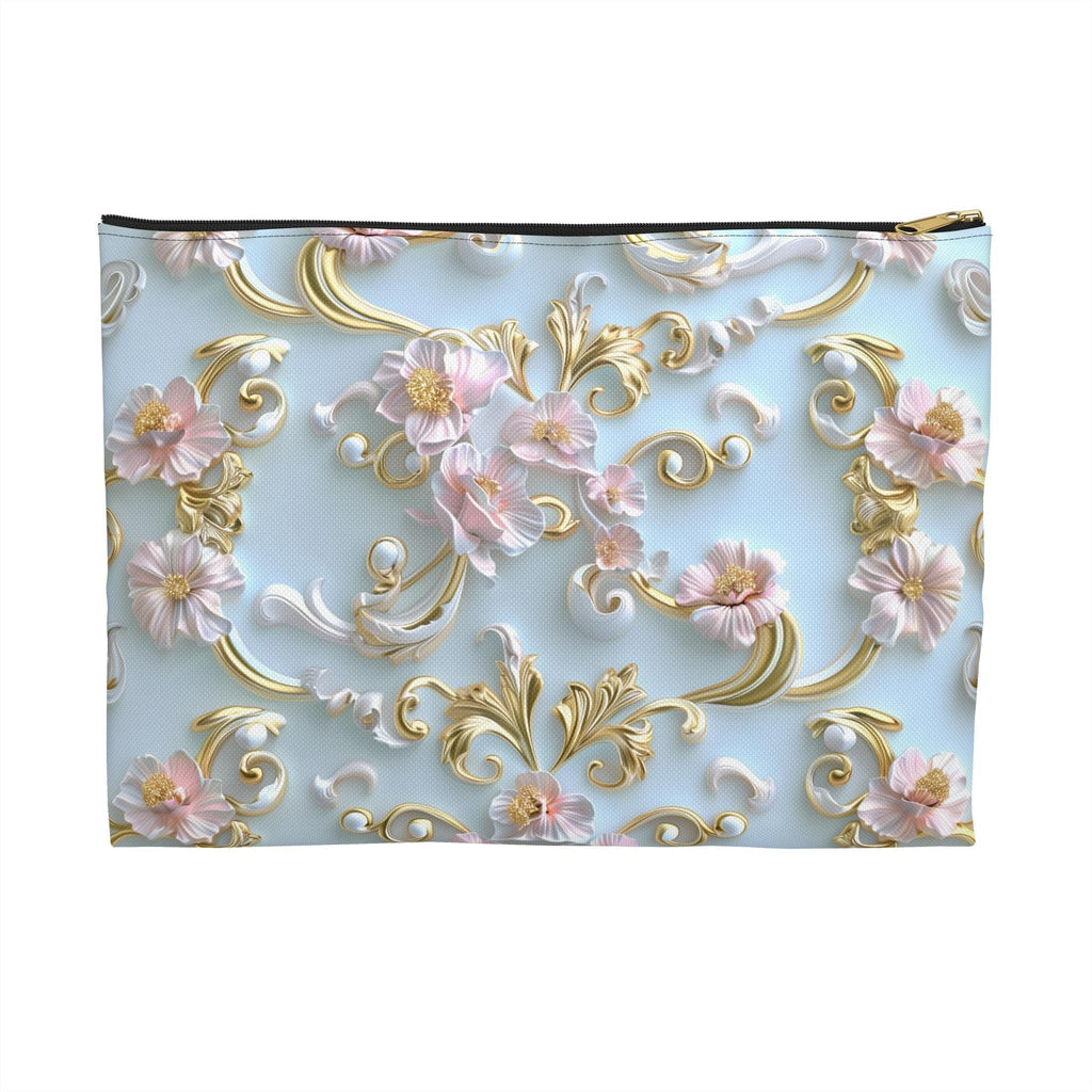 Rococo Zipper Pouch: Golden Scrollwork, Pink Flowers, Coquette Accessory