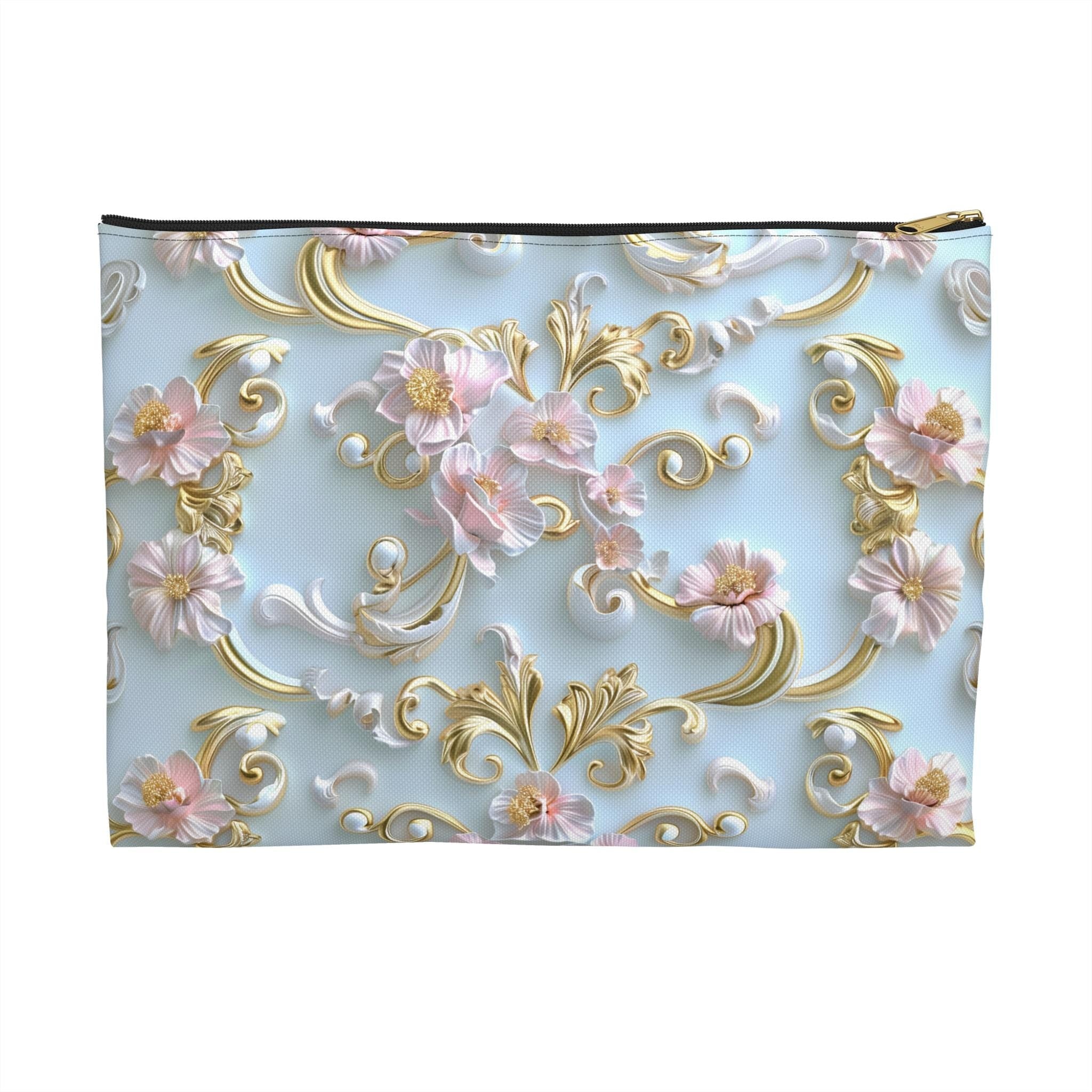 Rococo Zipper Pouch: Golden Scrollwork, Pink Flowers, Coquette Accessory