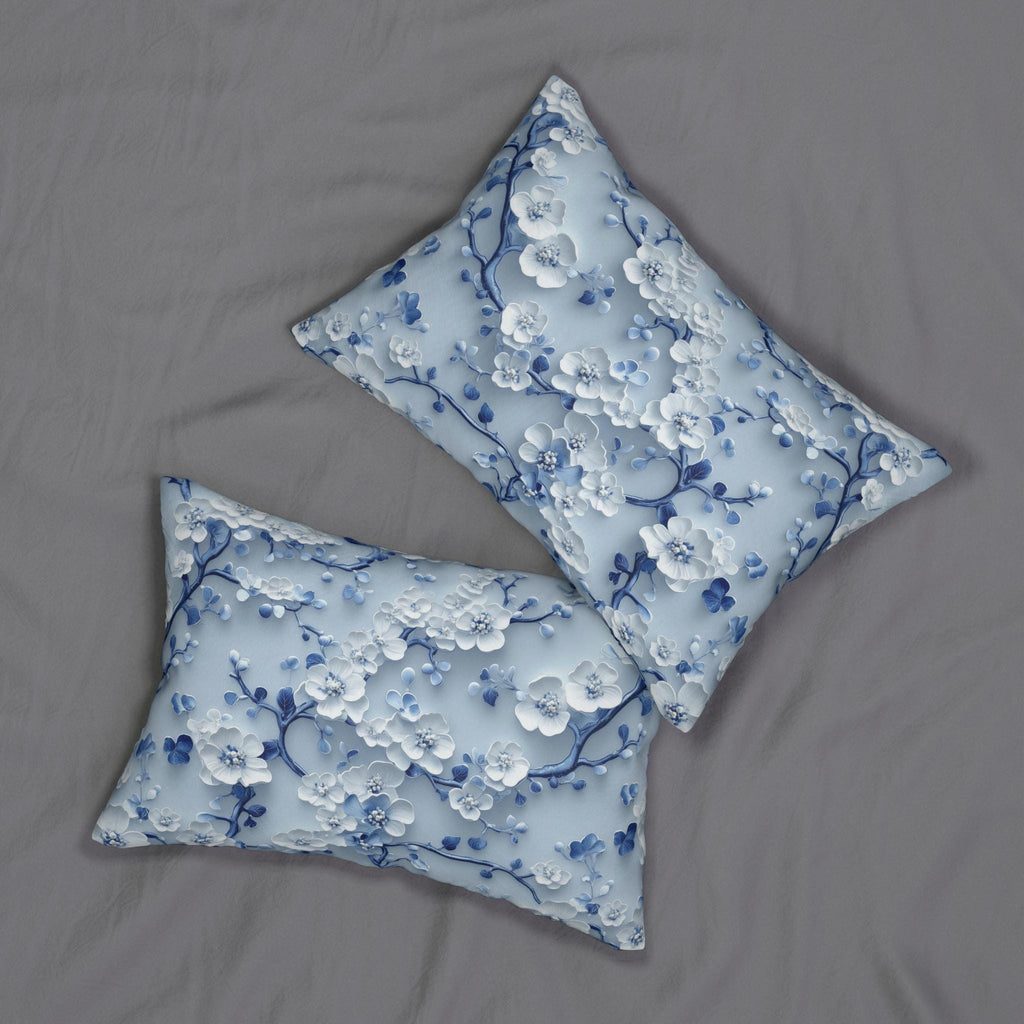 Chinoiserie Lumbar Pillow | Blue & White Cherry Blossoms | Elegant Floral Design