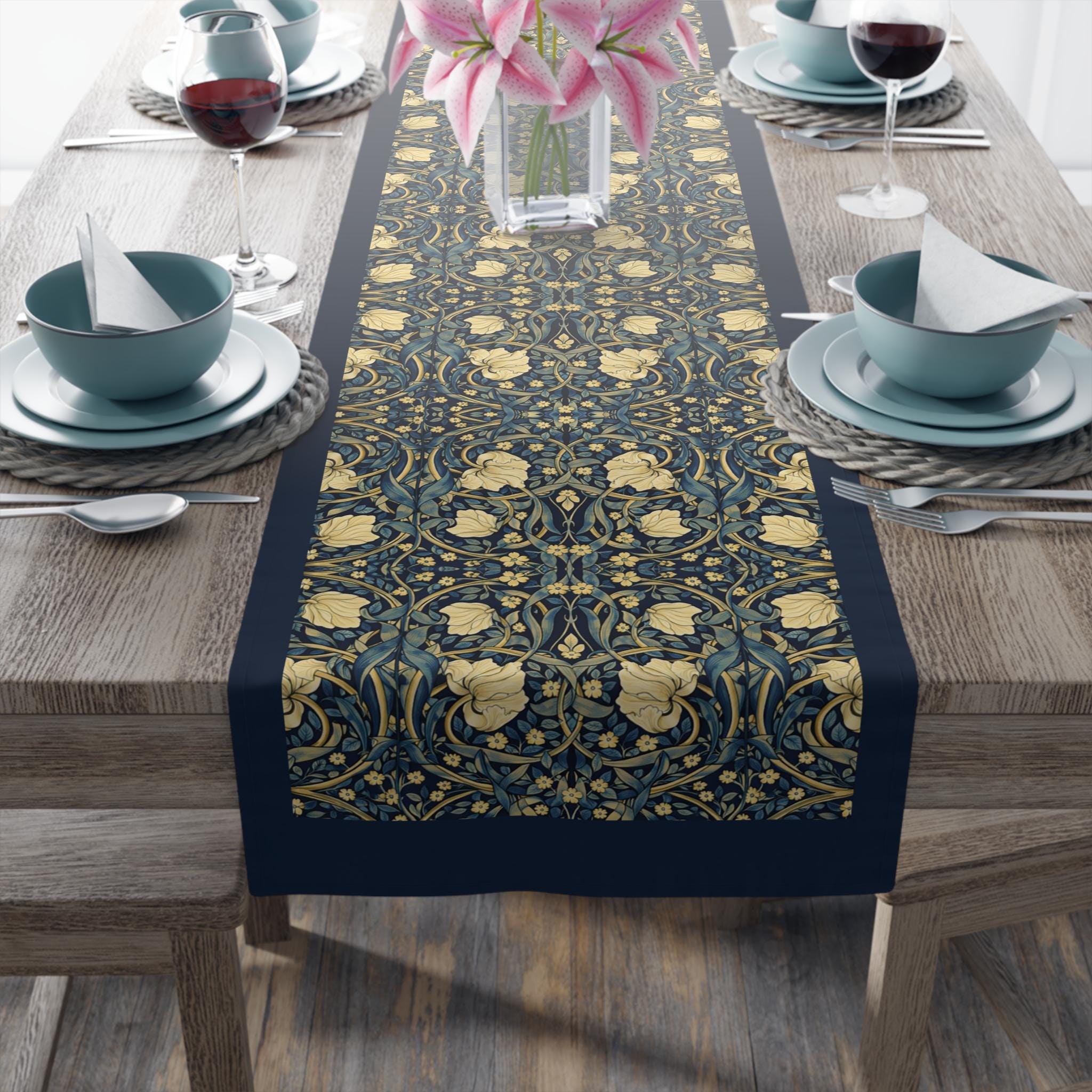 William Morris Table Runner: Navy and Champagne Vintage Pimpernel Reconstructed
