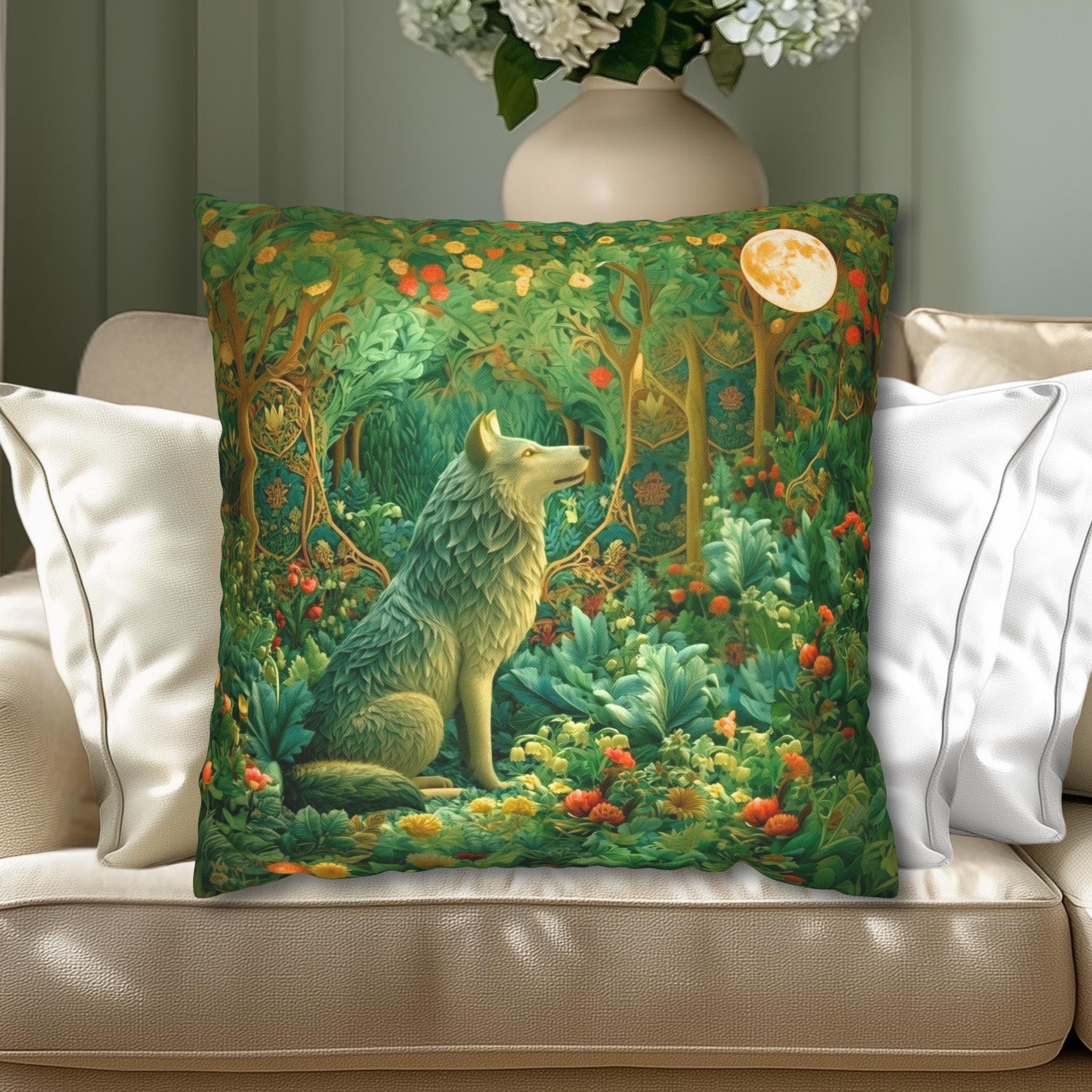 William Morris Inspired Pillow Cover: Full Moon Woodland Wolf Design