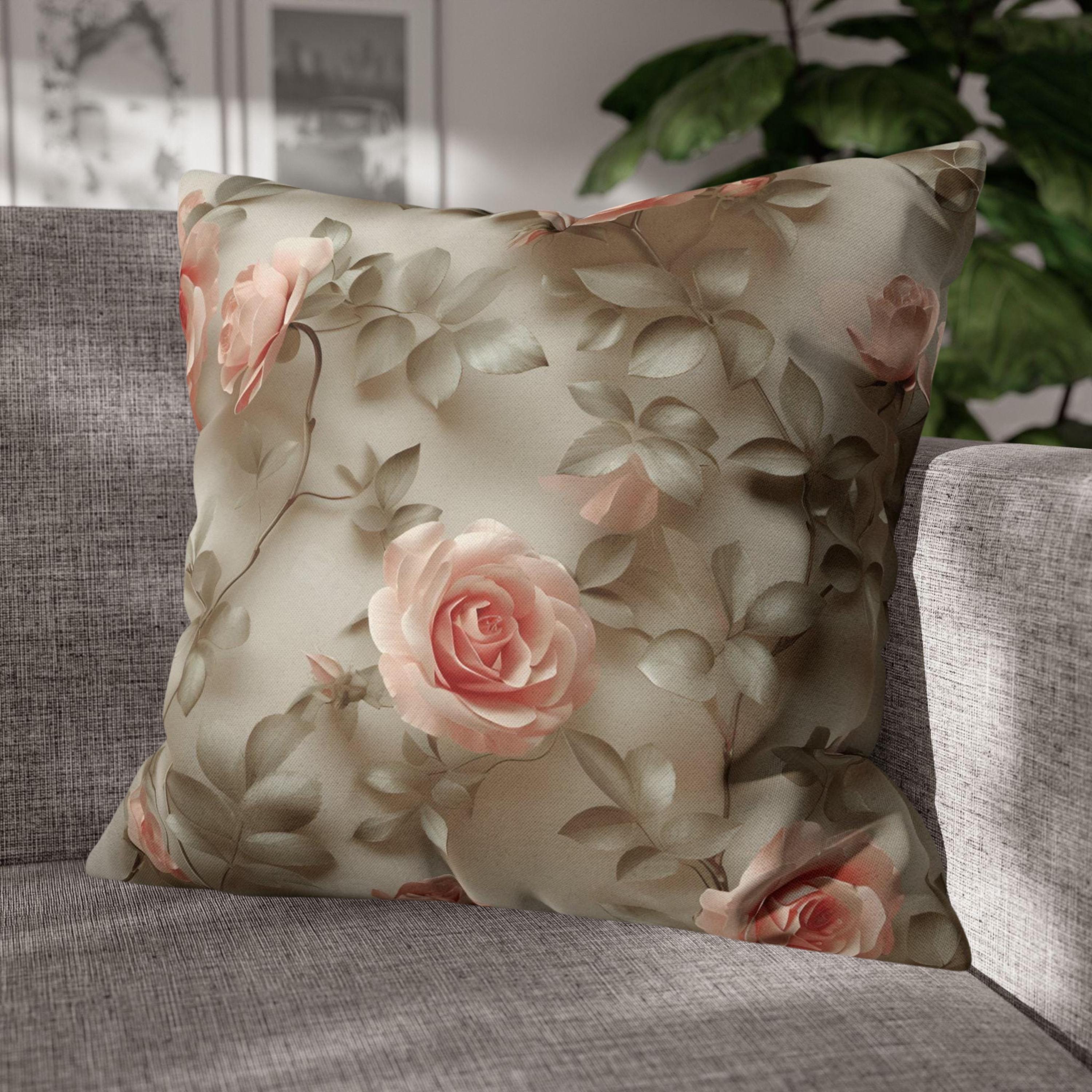 Pink Rose Throw Pillow Cover - Botanical Blush Design