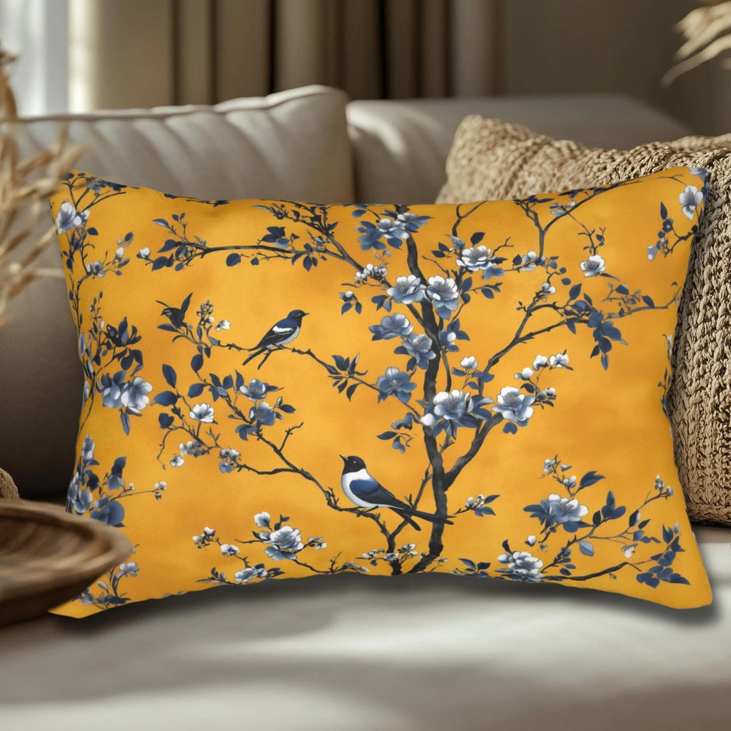 Elegant Chinoiserie Bird Lumbar Pillow: Golden Yellow & Blue Floral Cushion for Eclectic Decor