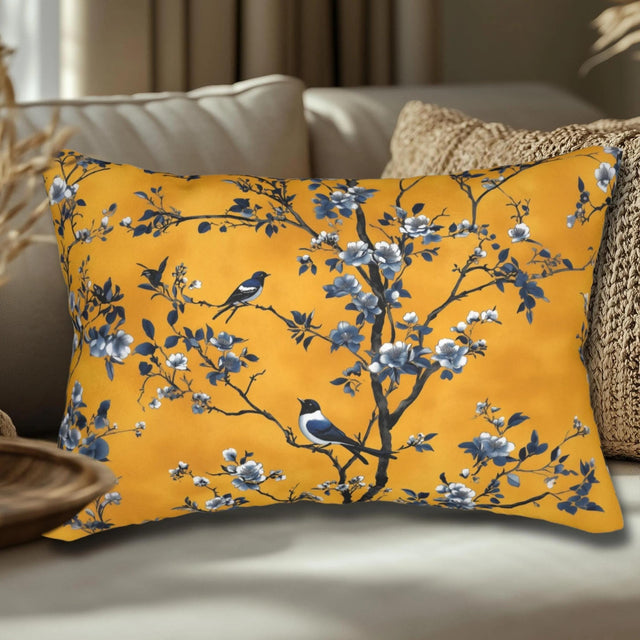 Elegant Chinoiserie Bird Lumbar Pillow: Golden Yellow & Blue Floral Cushion for Eclectic Decor