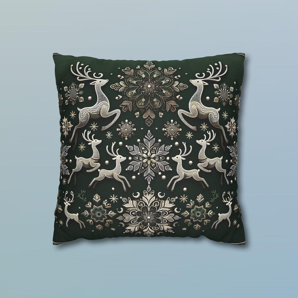 Elegant Emerald Green Throw Pillow Cover with Intricate Snowflakes and Reindeer Design