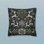 Elegant Emerald Green Throw Pillow Cover with Intricate Snowflakes and Reindeer Design