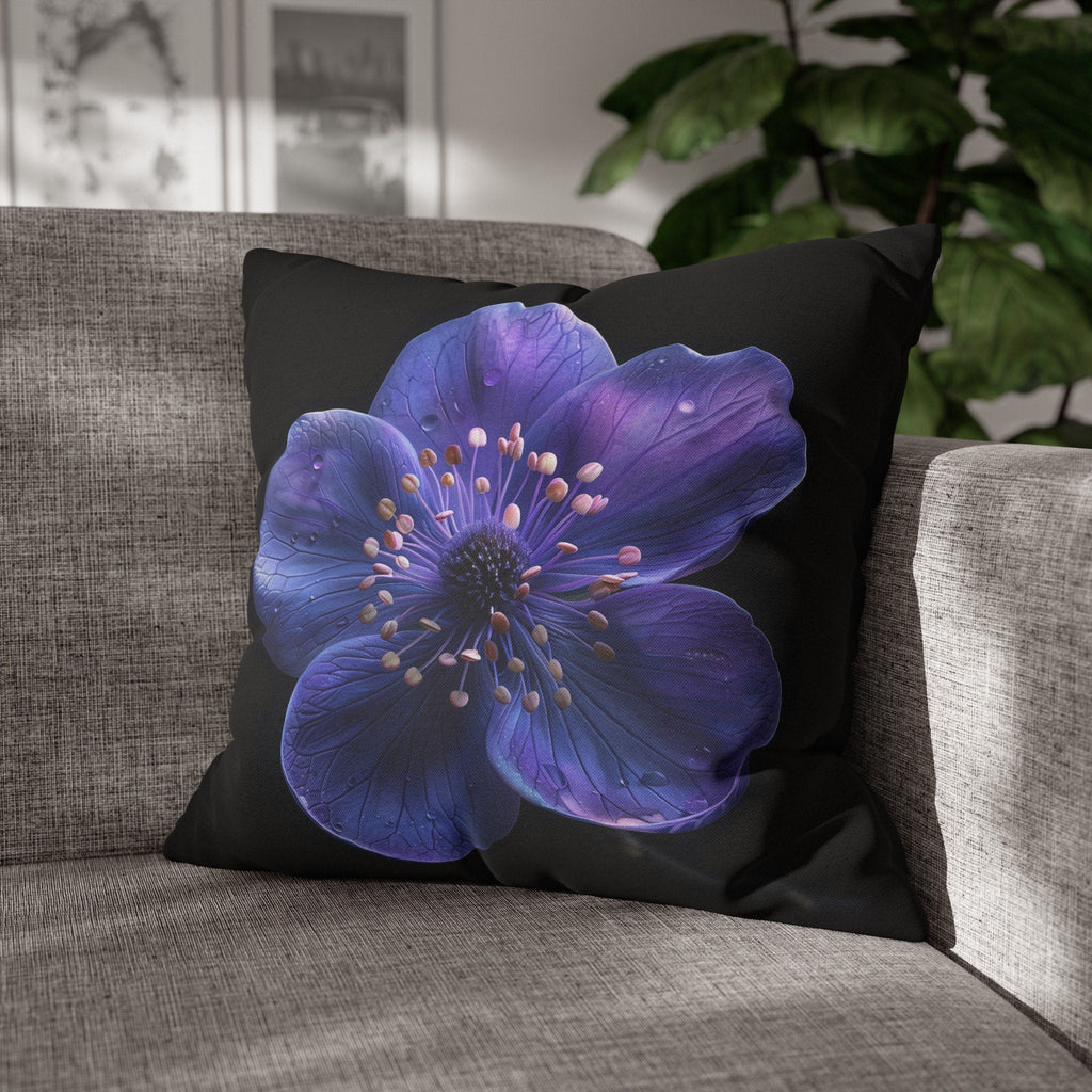 Purple Anemone Floral Pillow Cover, Vivid Flower on Black