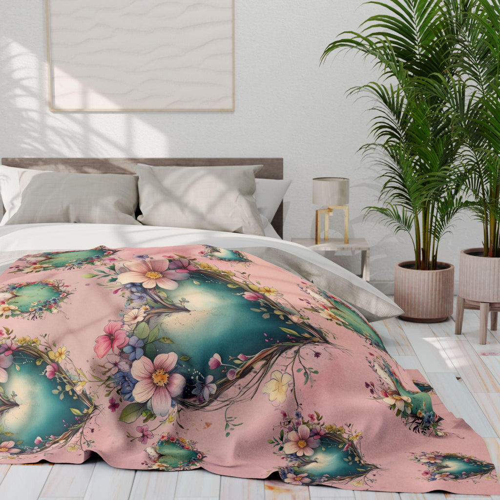 Romantic Floral Heart Wreath Fleece Blanket: Teal & Blush Pink Throw for Cozy Home Decor