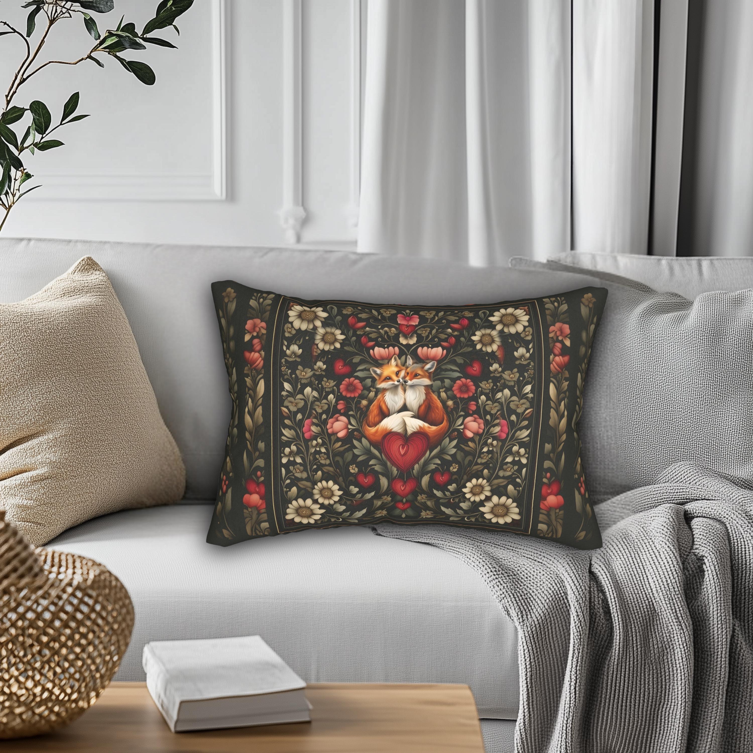 Fox Love William Morris Inspired Lumbar Pillow: Romantic Vintage Style Decor