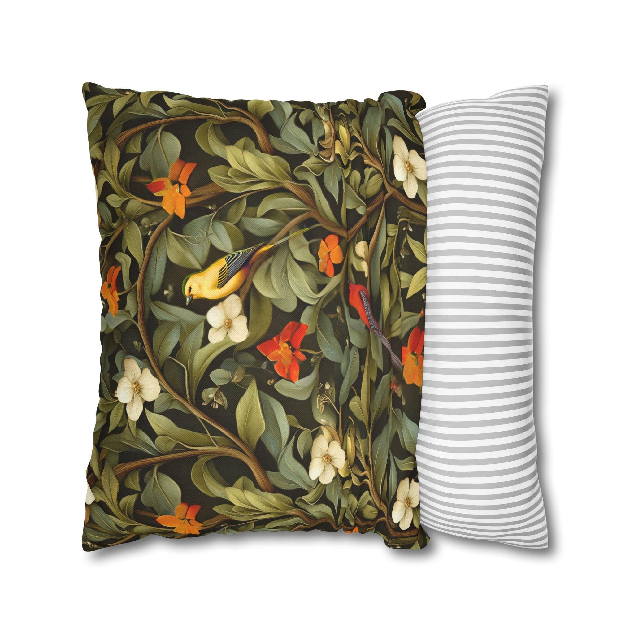 William Morris Inspired Autumn Songbird Pillow Cover: Olive and Pumpkin Arts & Crafts Heritage Design