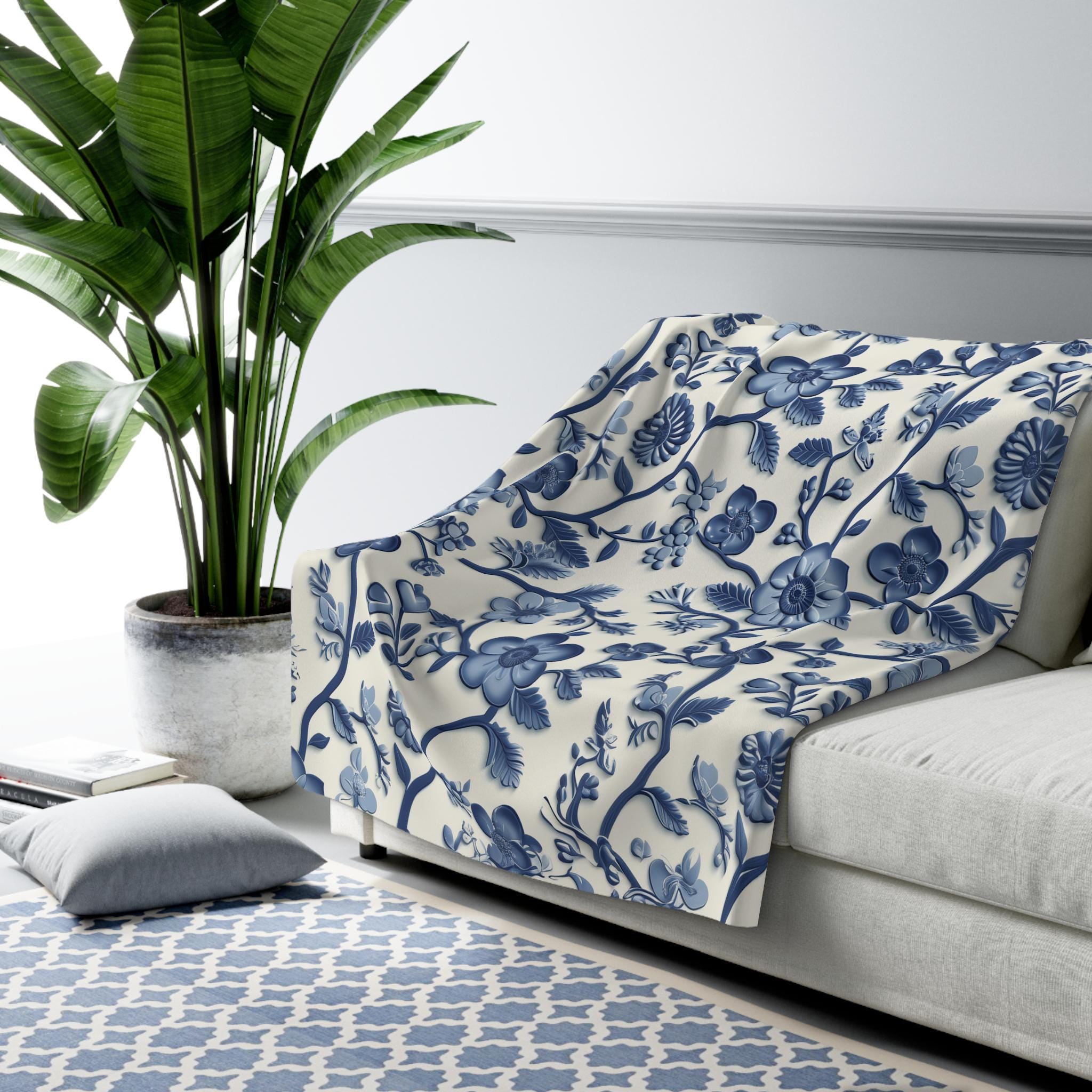Chinoiserie Fleece Blanket: Blue and White Floral Pottery Pattern