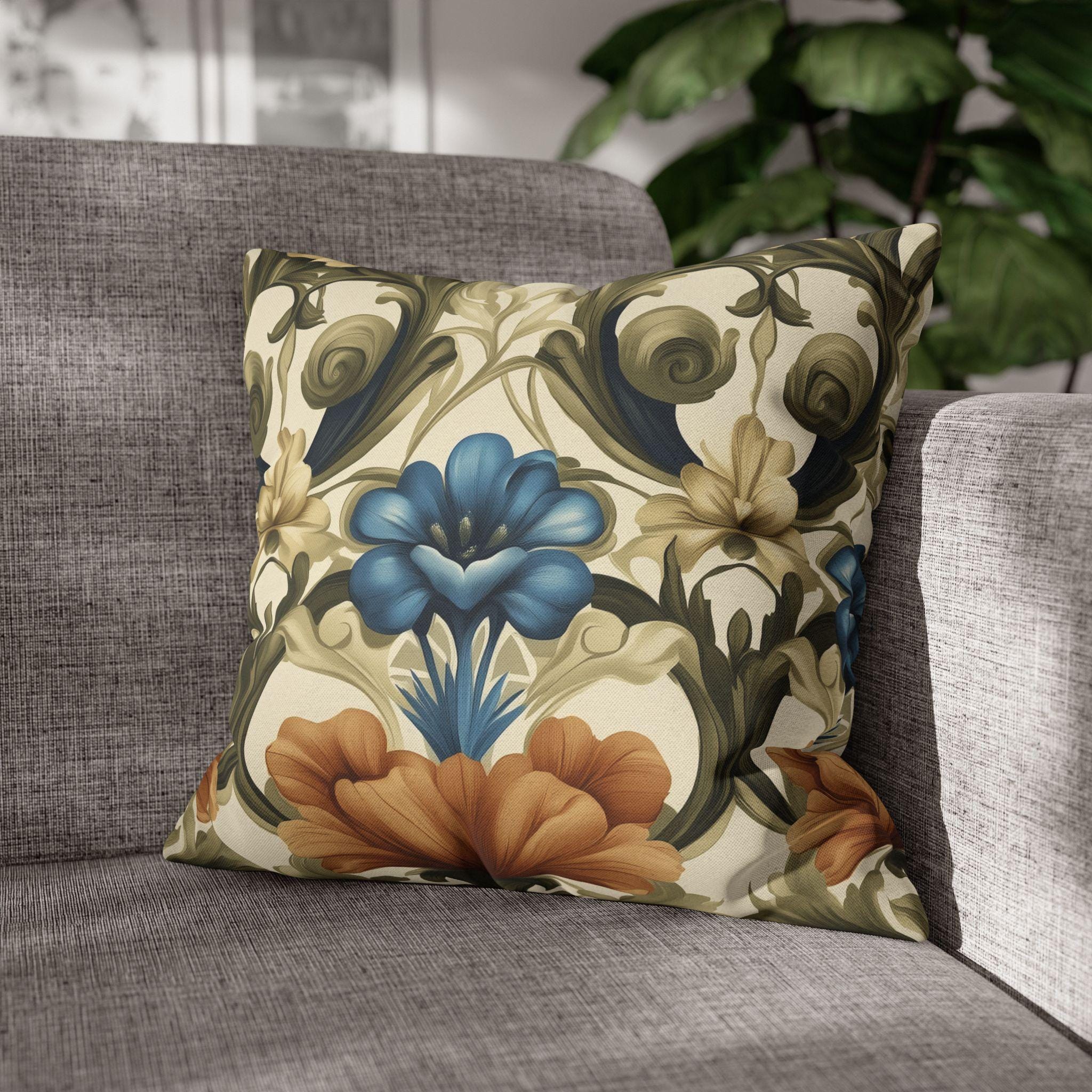 William Morris Floral Pillow Cover: Blue, Orange Blooms, Elegant Home Decor