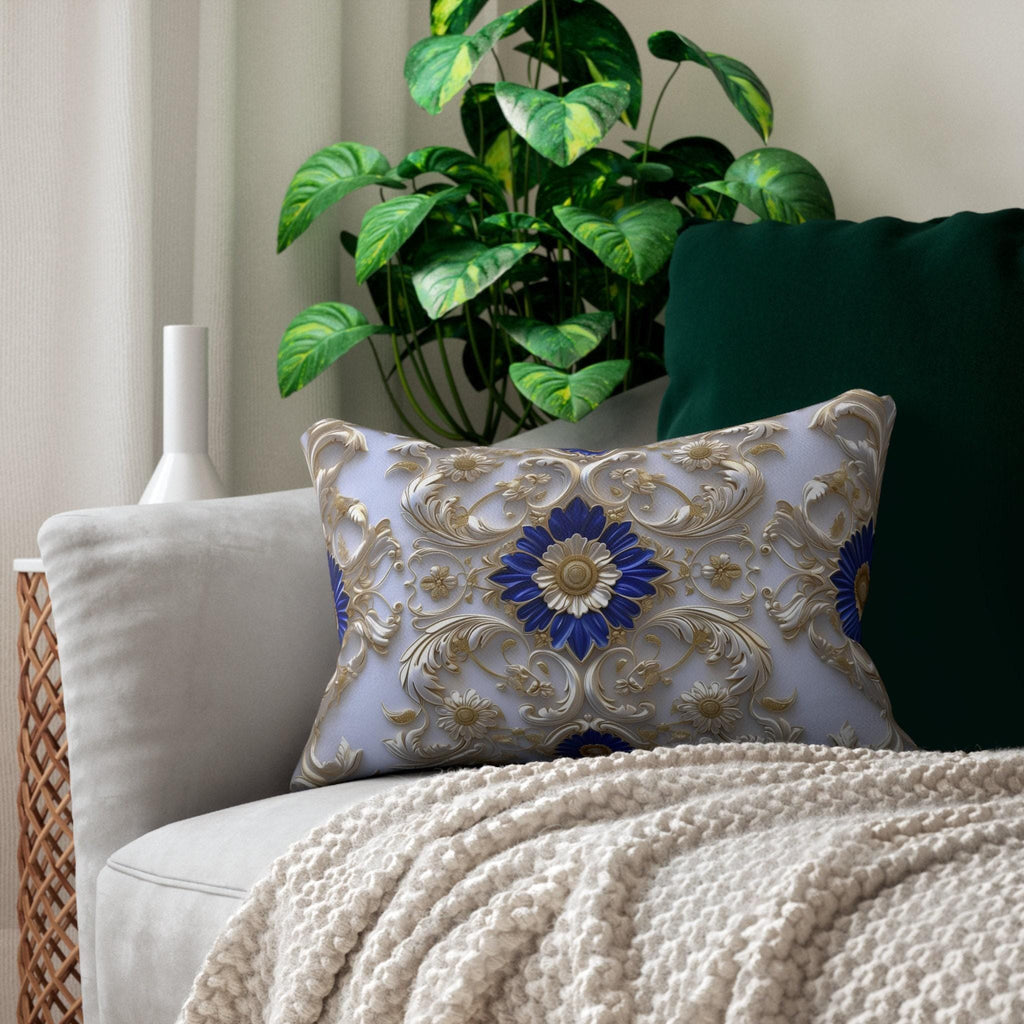 Elegant Baroque Cobalt Blue Lumbar Pillow with Silver-Gray and Gold Accents - Classic Grandeur Design
