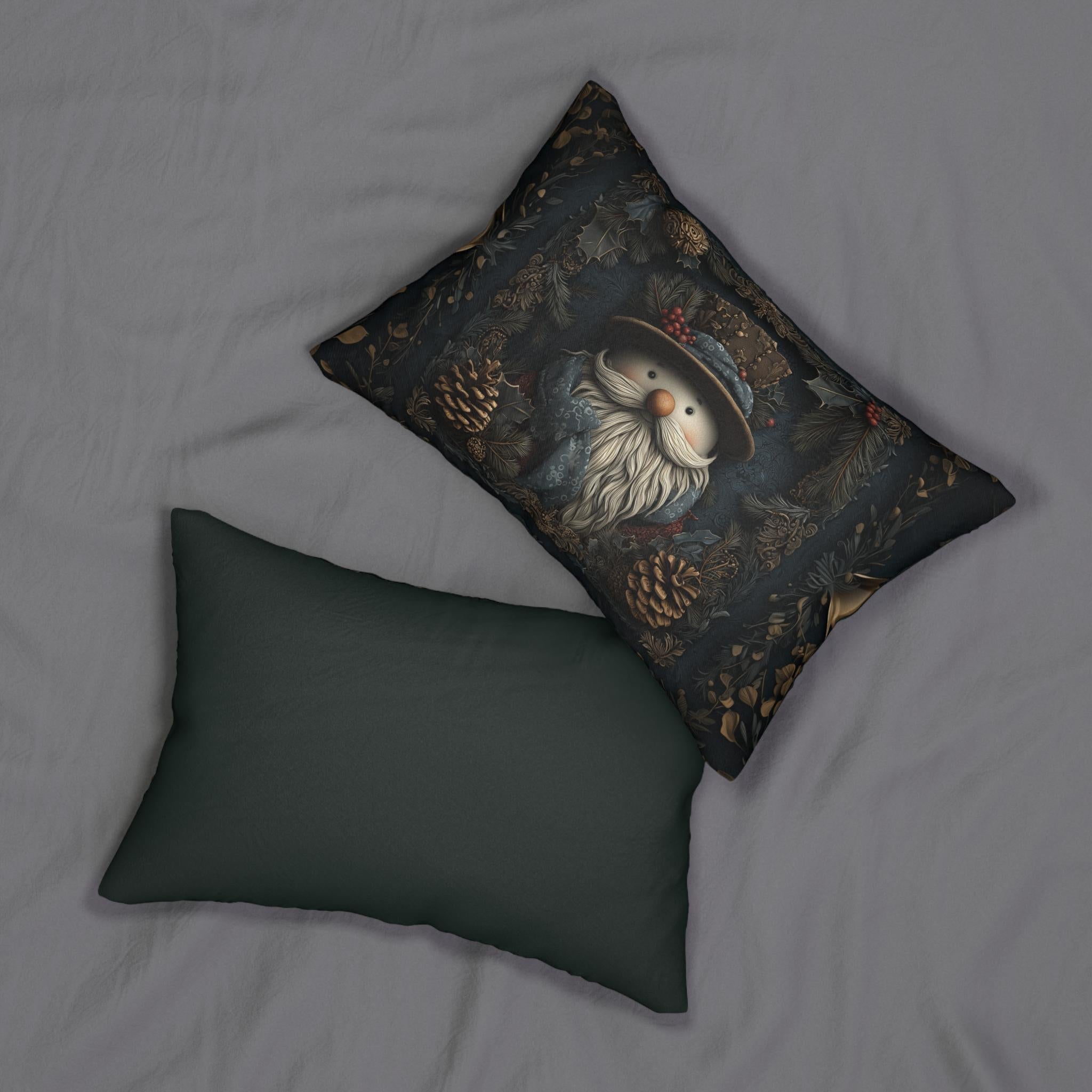 William Morris Inspired Christmas Lumbar Pillow: Rustic Santa Snowman Woodland Pine & Holly Illustration