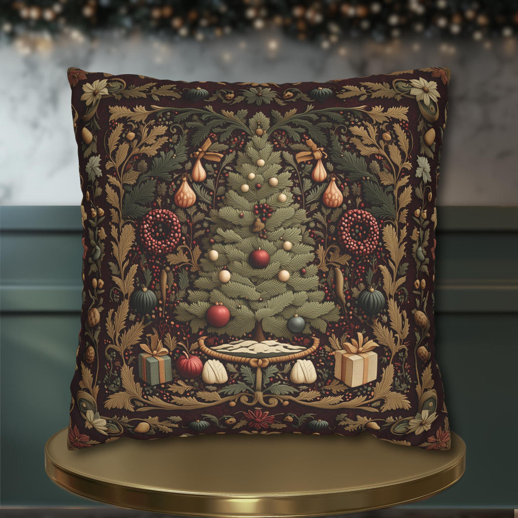 William Morris Christmas Tree Pillow Cover: Burgundy Holiday Tapestry Look