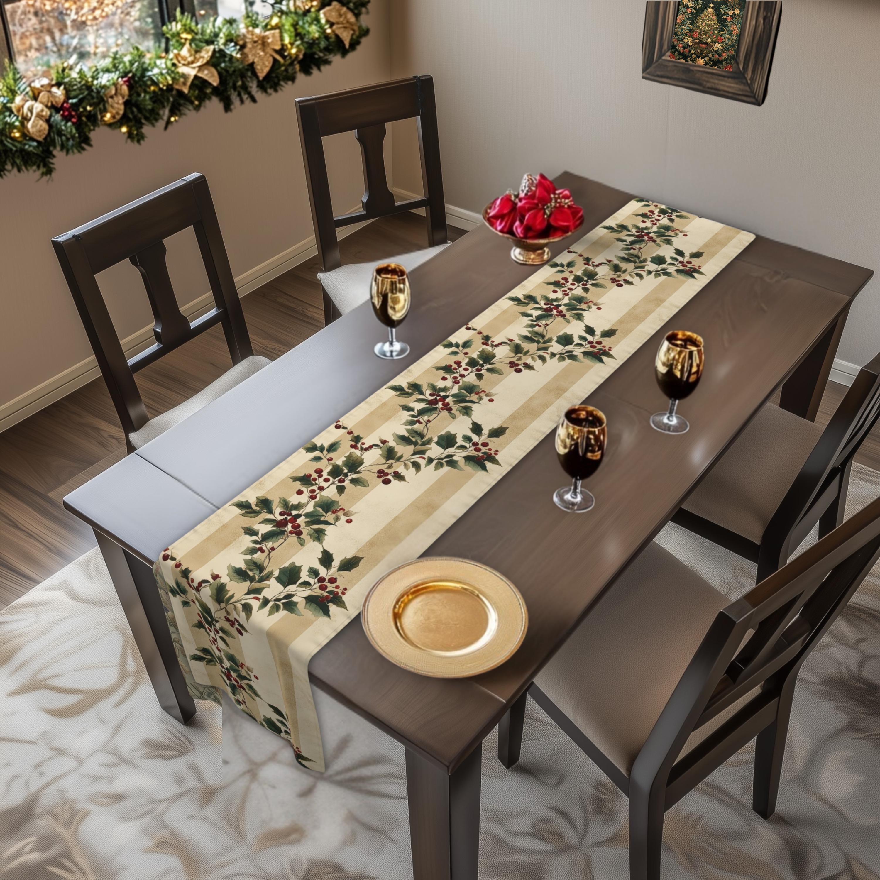 Vintage Style Holly Stripe Table Runner: Classic Christmas Botanical Holiday Decor