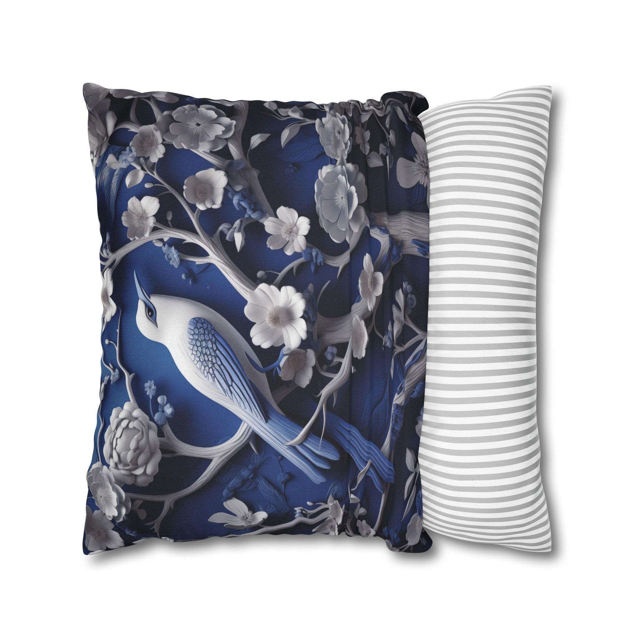 Elegant Chinoiserie Blue Bird Pillow Cover: Porcelain-Inspired White Blossom Home Decor Cushion