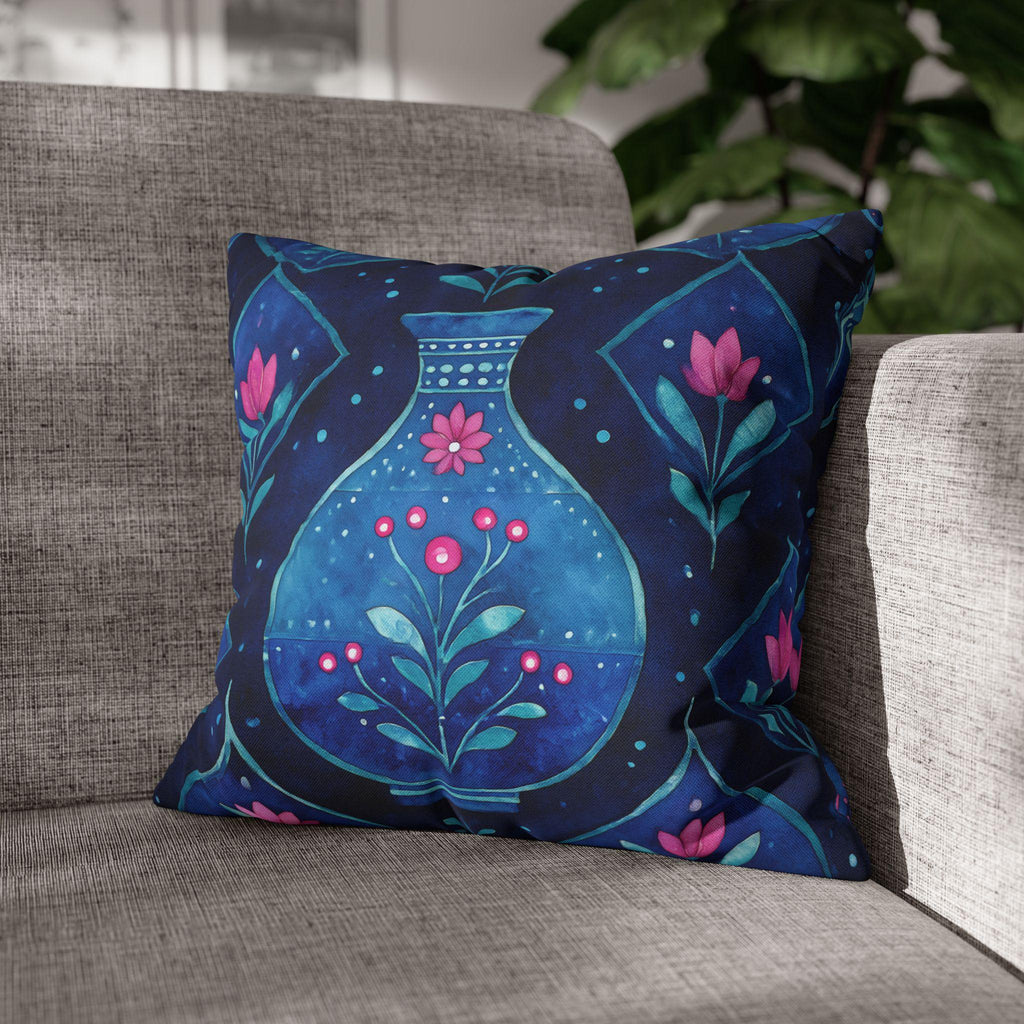 Folk Art Pillow Cover: Blue Vase, Pink Floral Watercolor Design
