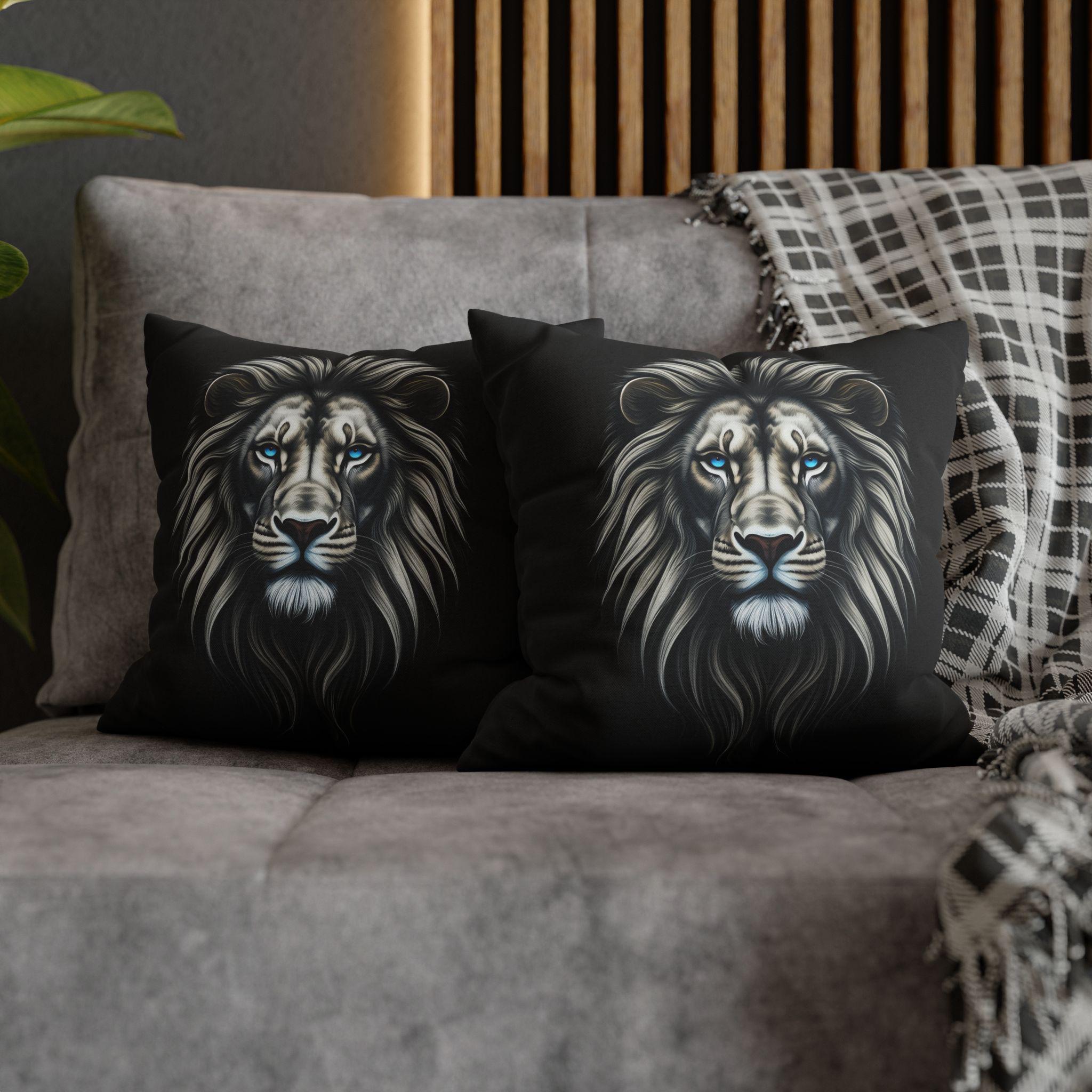 Midnight Mane Lion Pillow Cover: Ice-Blue Gaze Edition