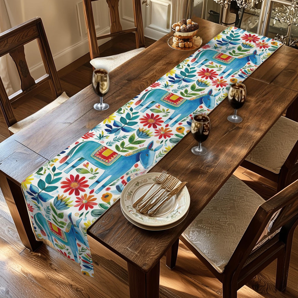 Otomi Table Runner: Blue Donkey Mexican Style Folk Art Floral Decor