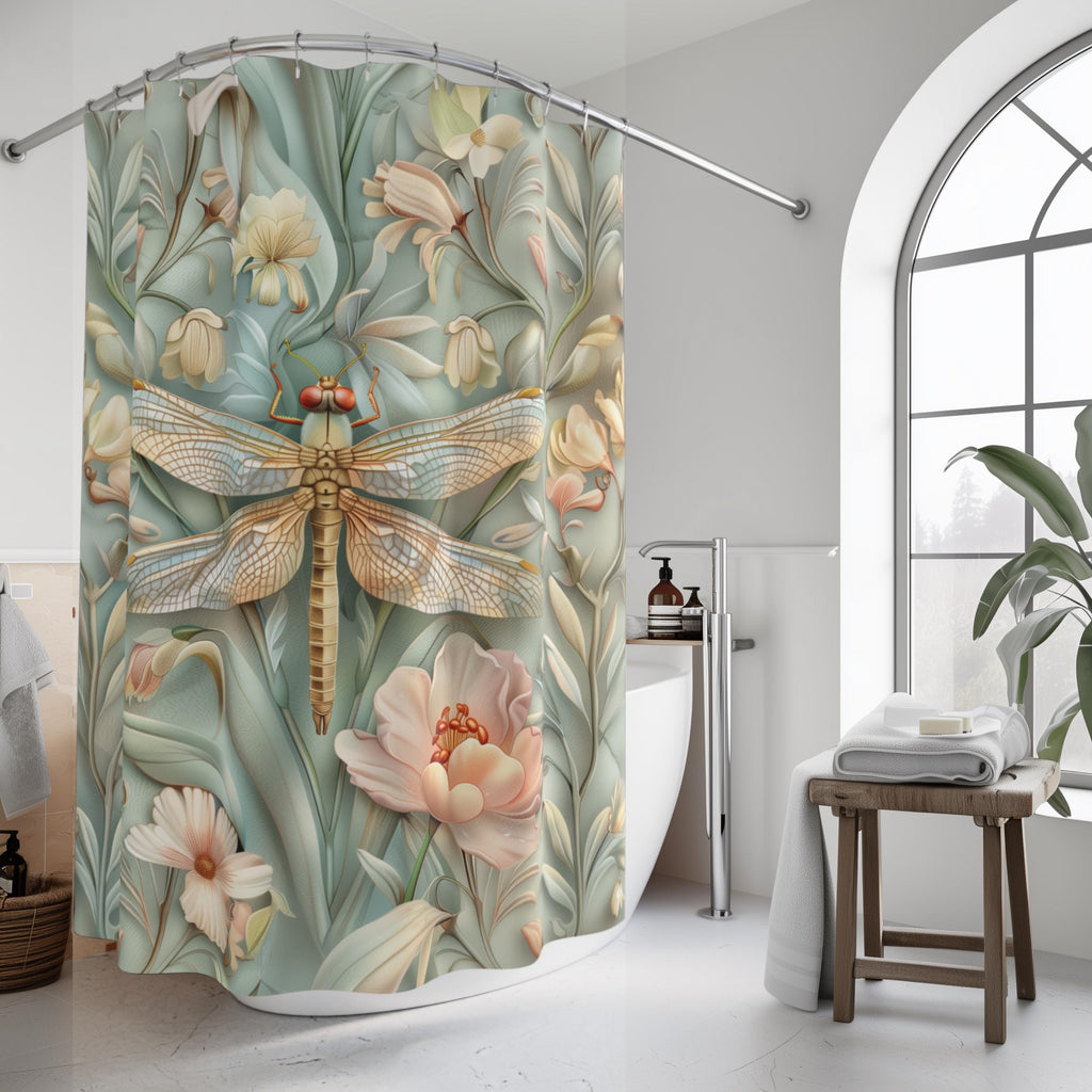 William Morris Dragonfly Shower Curtain: Elegant Floral Nature Design