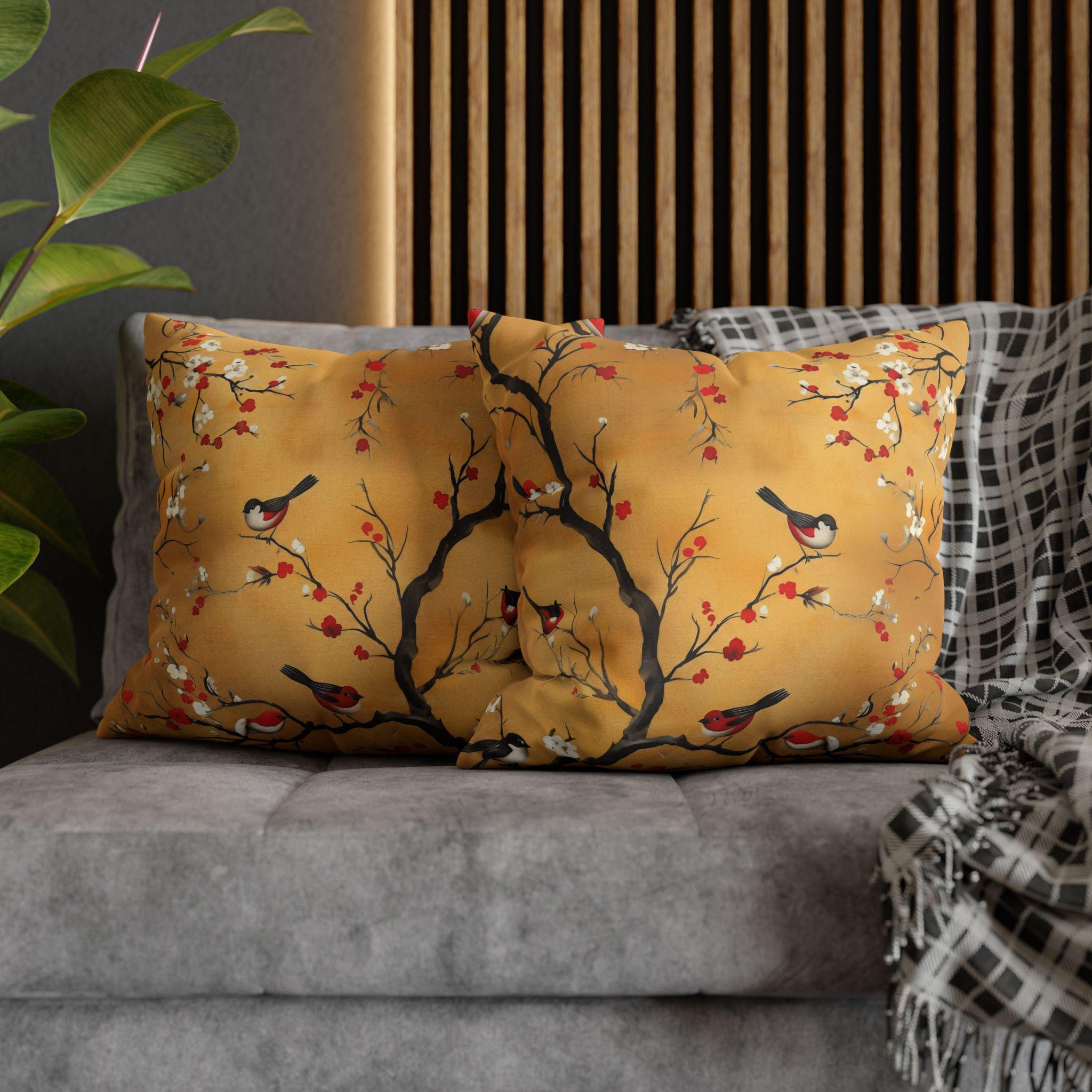 Chinoiserie Pillow Cover: Gold, Red Blossoms & Birds - Asian Decor
