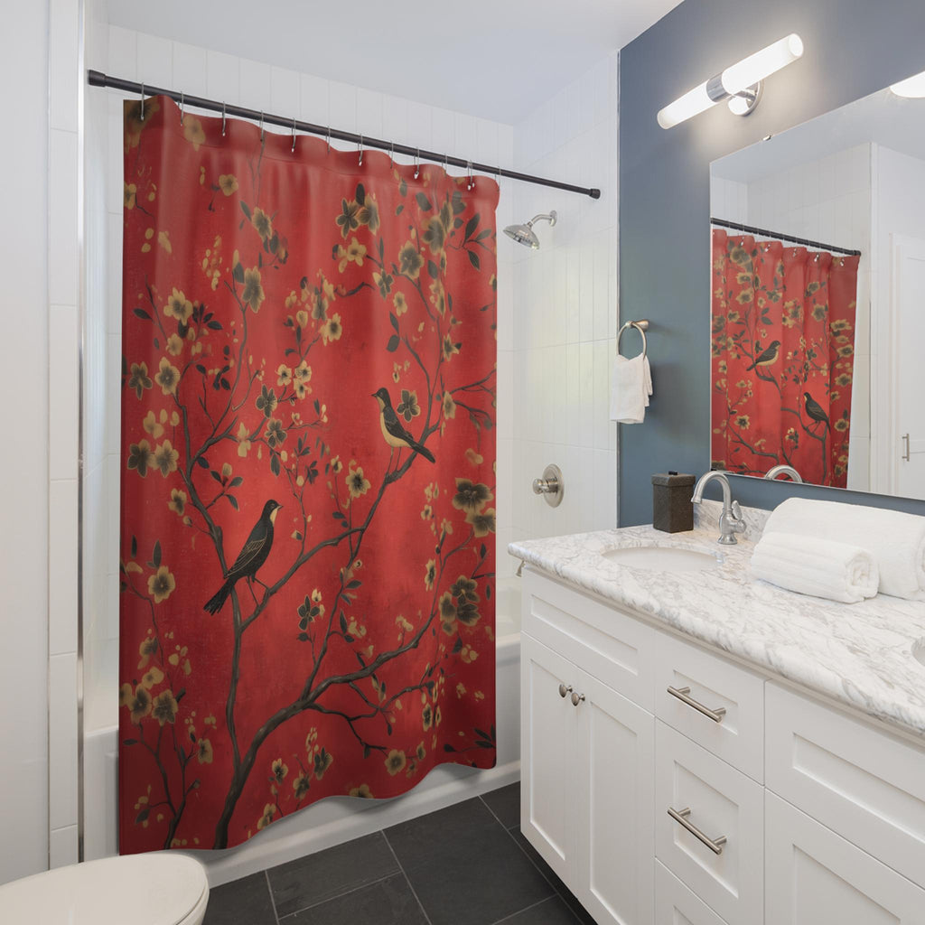 Elegant Chinoiserie Shower Curtain: Red Floral with Black Birds, Asian-Inspired Bathroom Decor