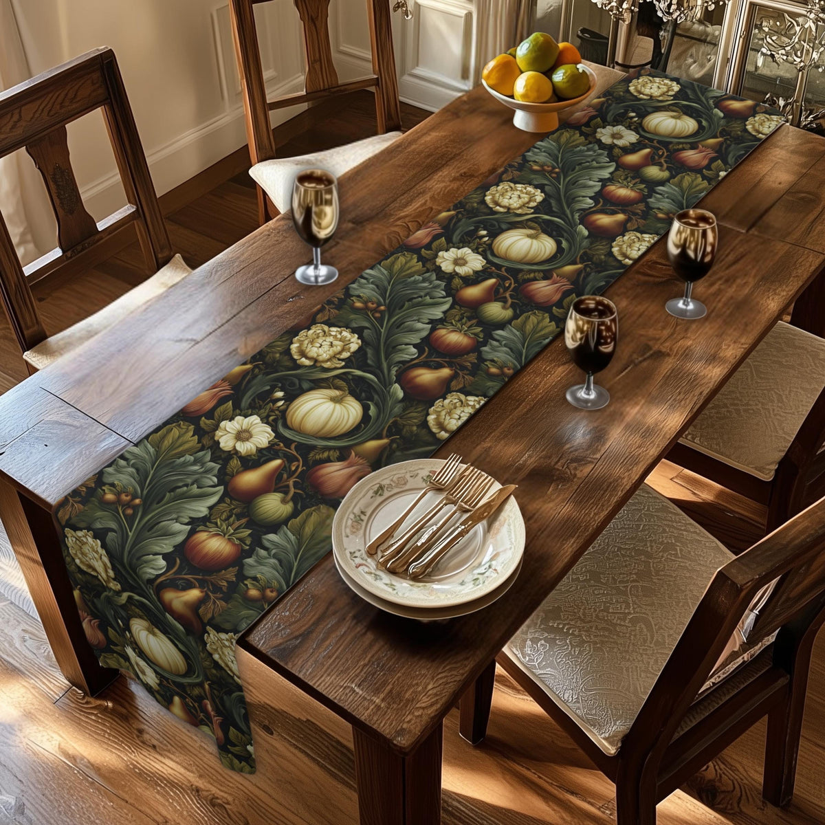 William Morris Inspired Fall Table Runner: Vintage Style in Olive, Cream, and Russet