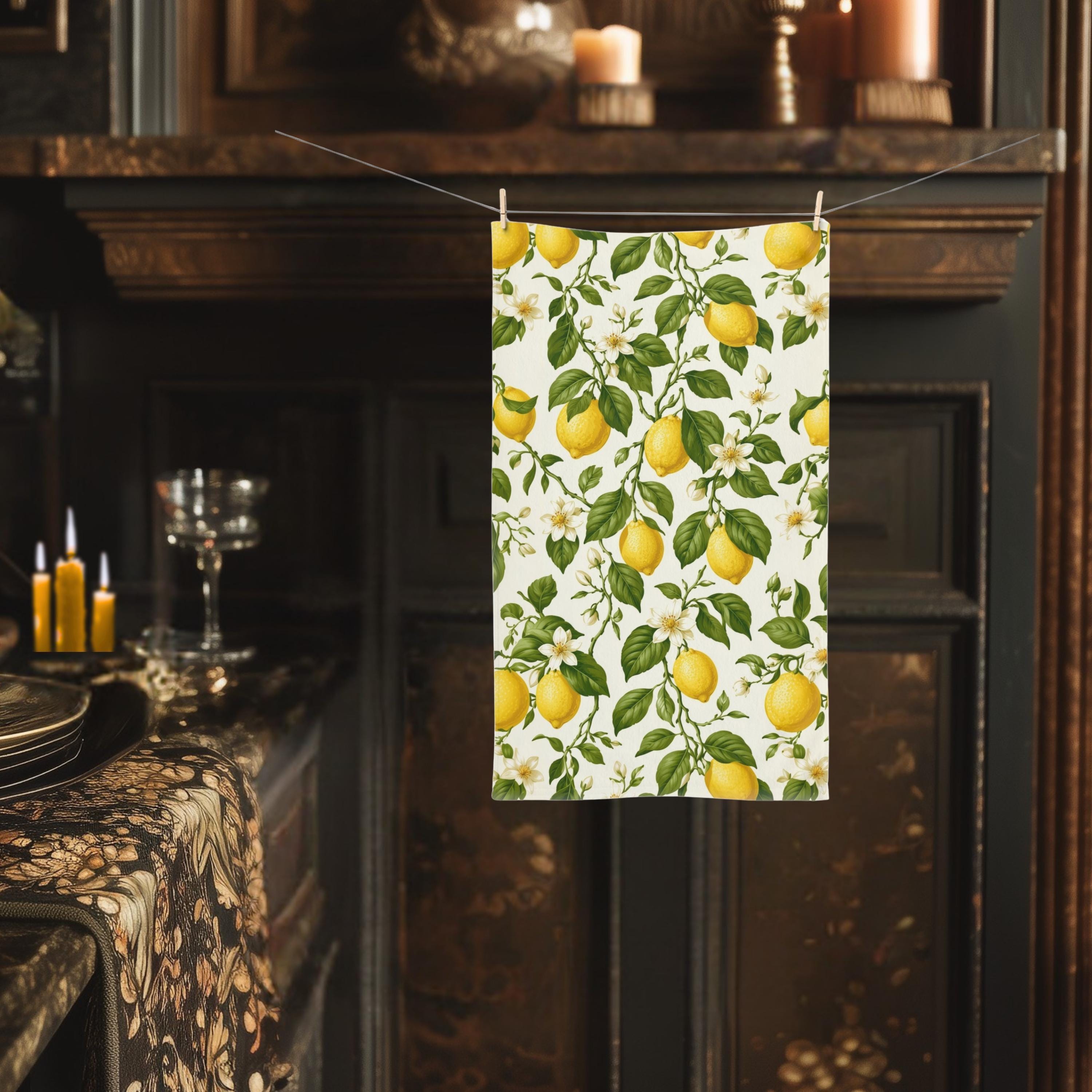 Lemon Hand Towel: with Green Leaves and Florals on a Creamy White Background