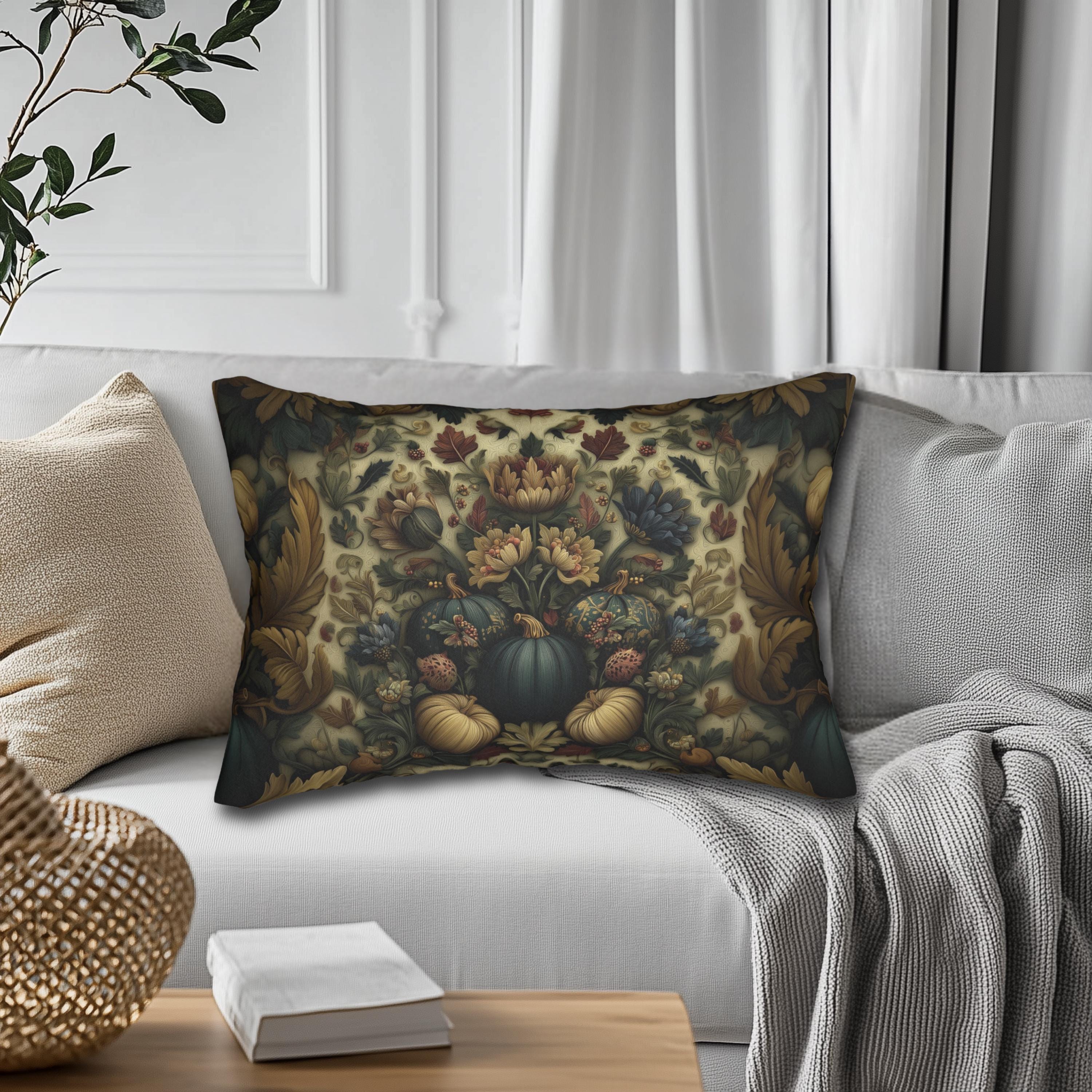 William Morris Inspired Autumn Lumbar Pillow: Blue Gold & Ivory Botanical Harvest Design