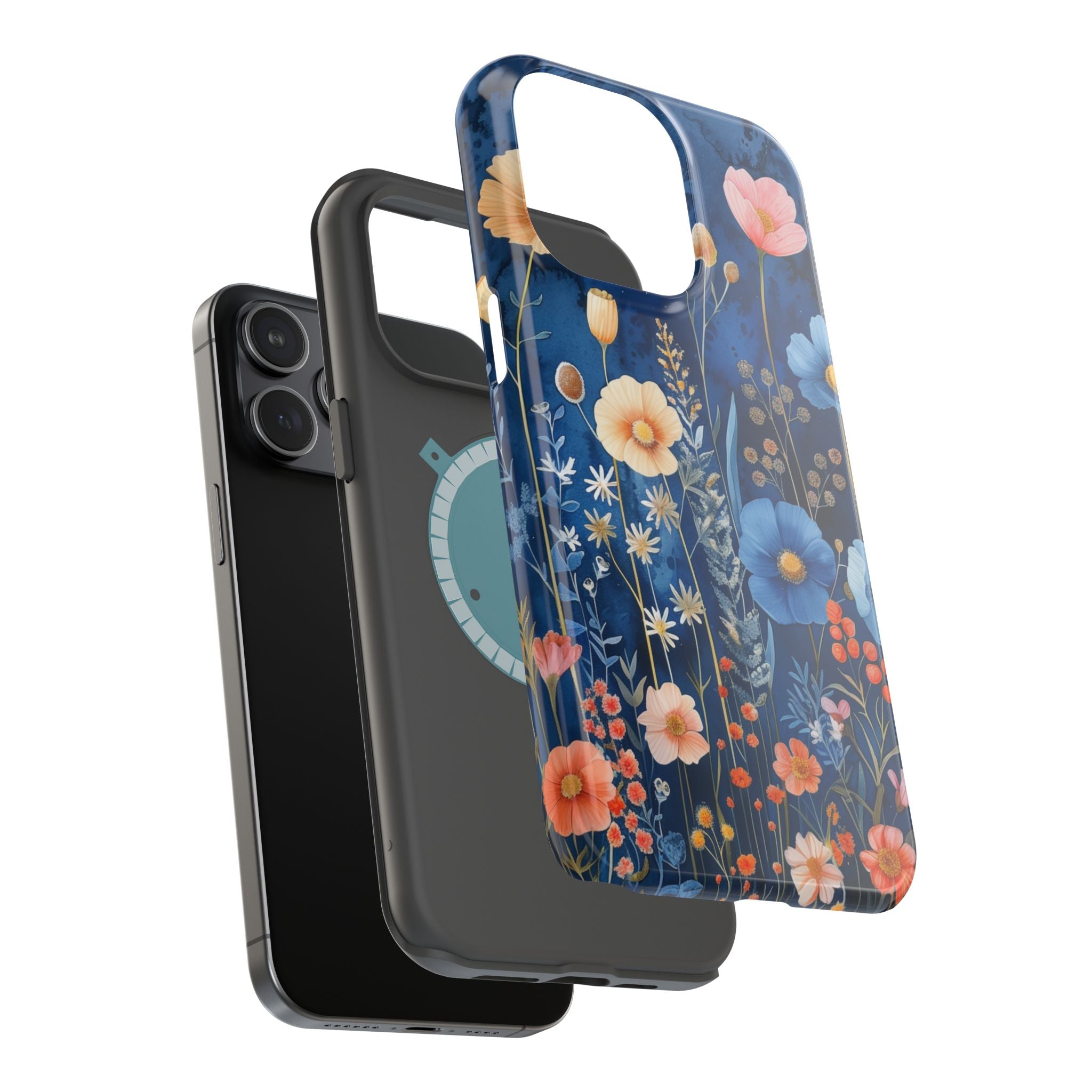 Blue Wildflower MagSafe iPhone Case: Dreamy Floral Design 14 15 16 Pro Plus Max