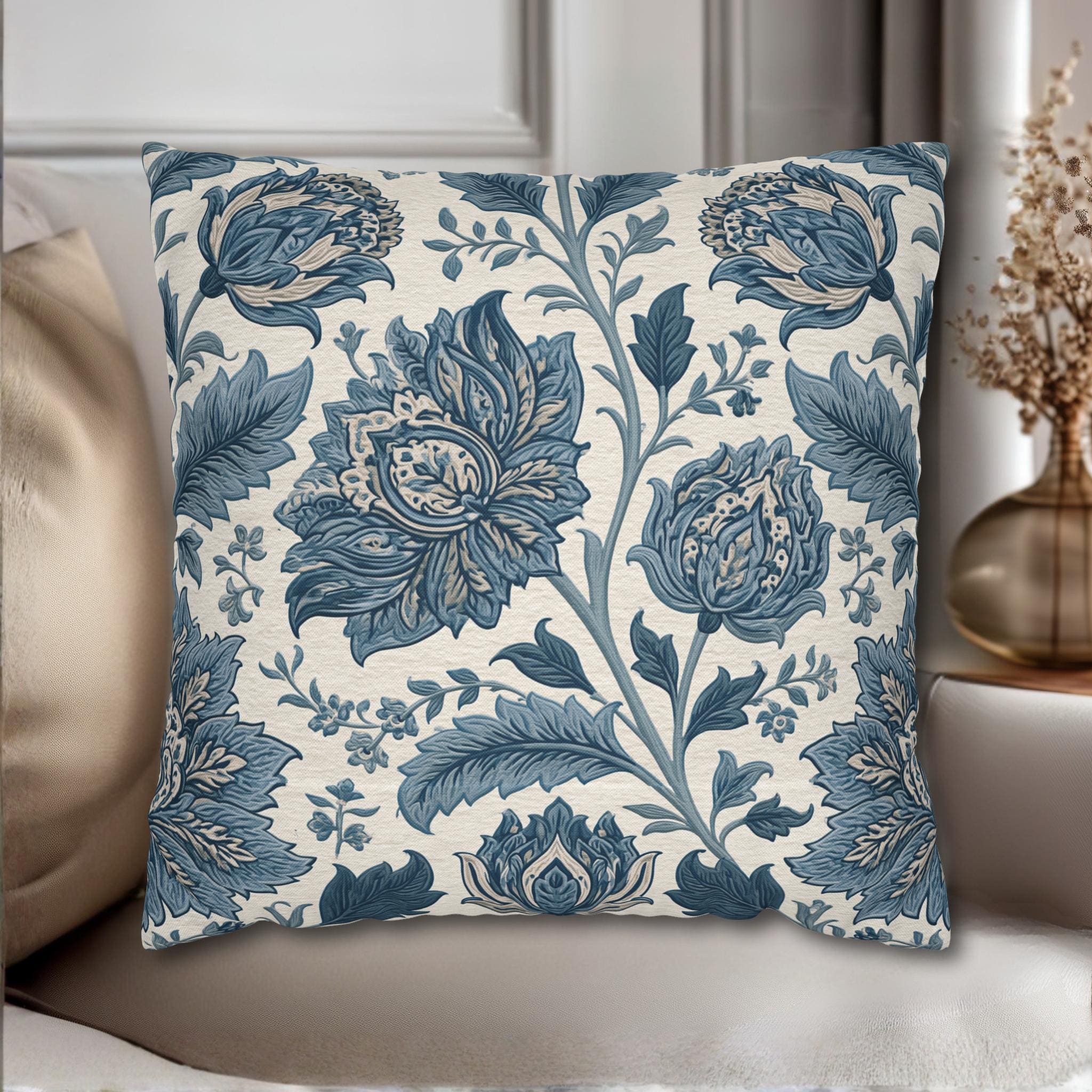 Blue Country Farmhouse Pillow Cover: William Morris Inspired Toile Floral Accent