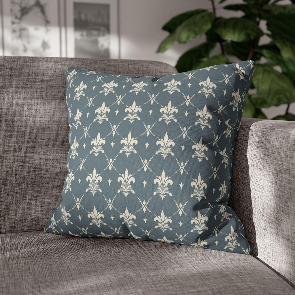 Elegant Fleur de Lis Pillow Cover: French Chateau Diamond Lattice Pattern in Soft Blue-Gray