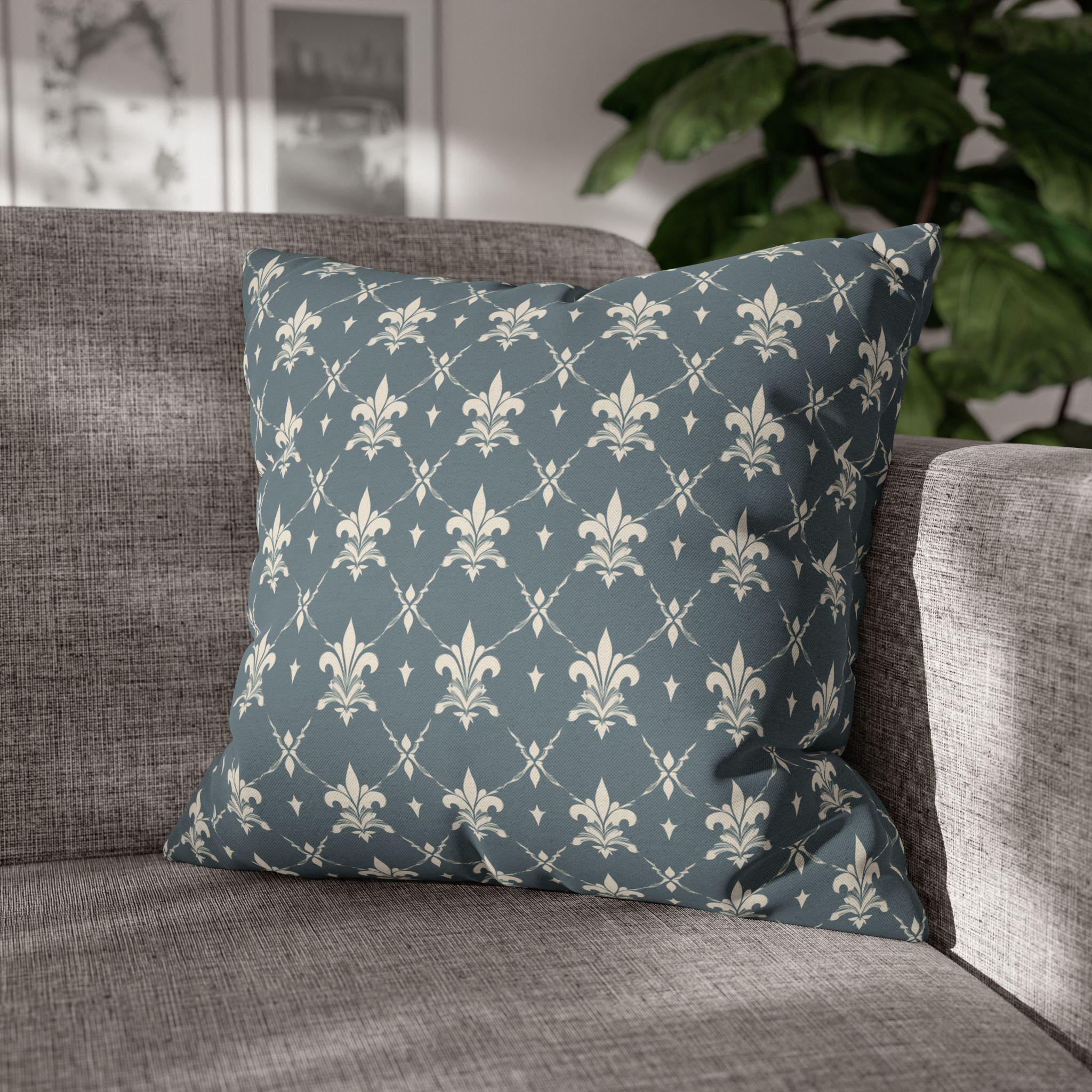 Elegant Fleur de Lis Pillow Cover: French Chateau Diamond Lattice Pattern in Soft Blue-Gray