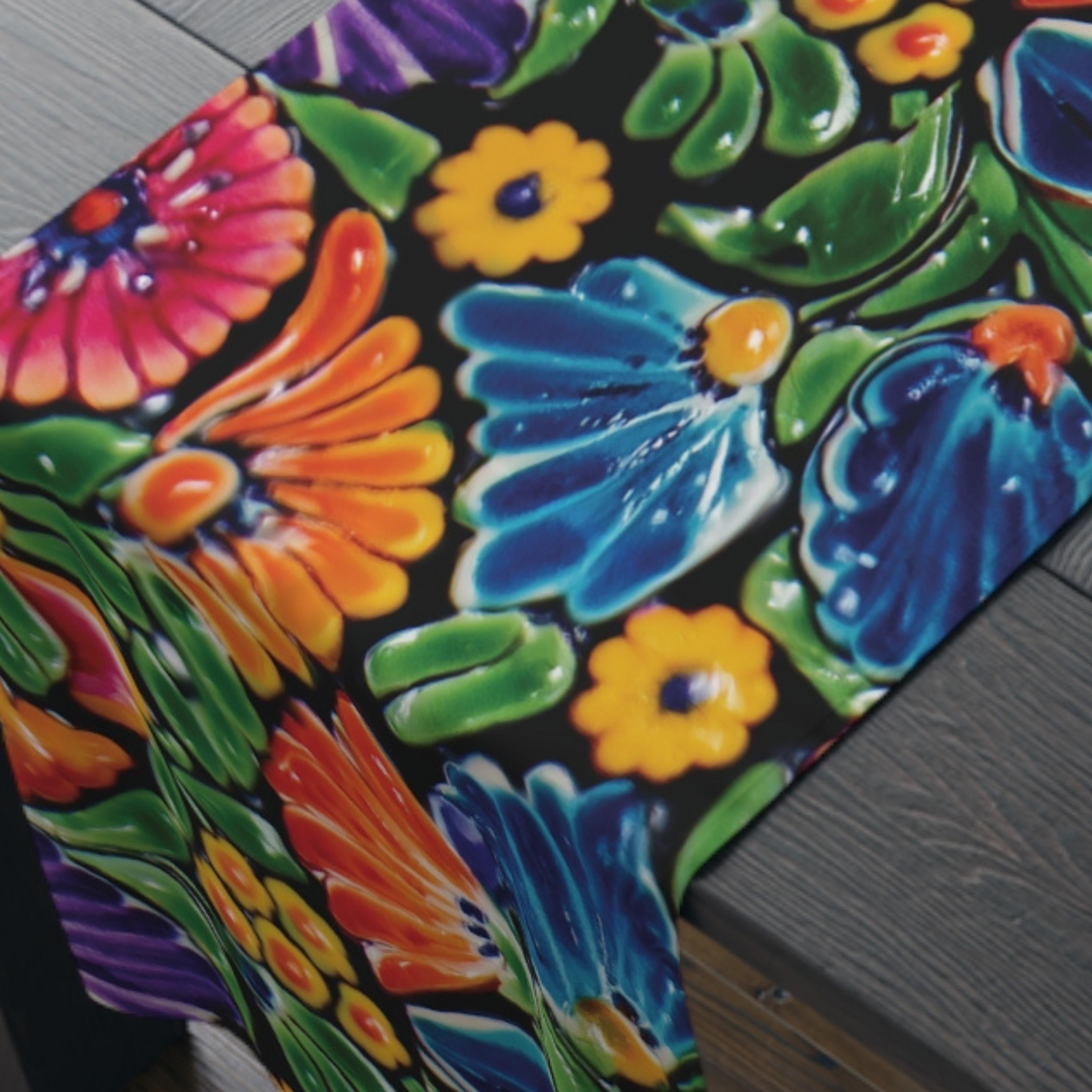 Mexican Table Runner: Bright Floral Folk Art on Black Background