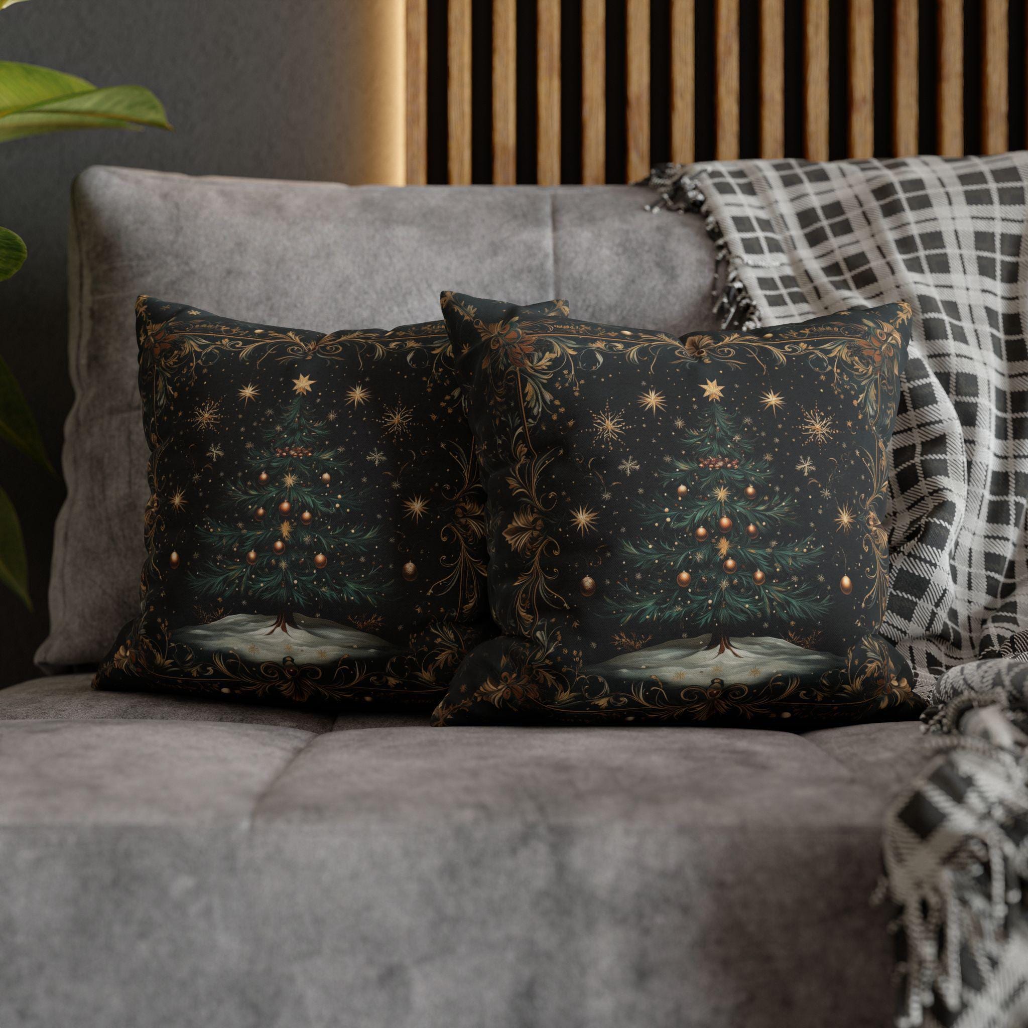 William Morris Christmas Tree Pillow Cover Starry Night Holiday Decor Elegant Gold Botanical Style