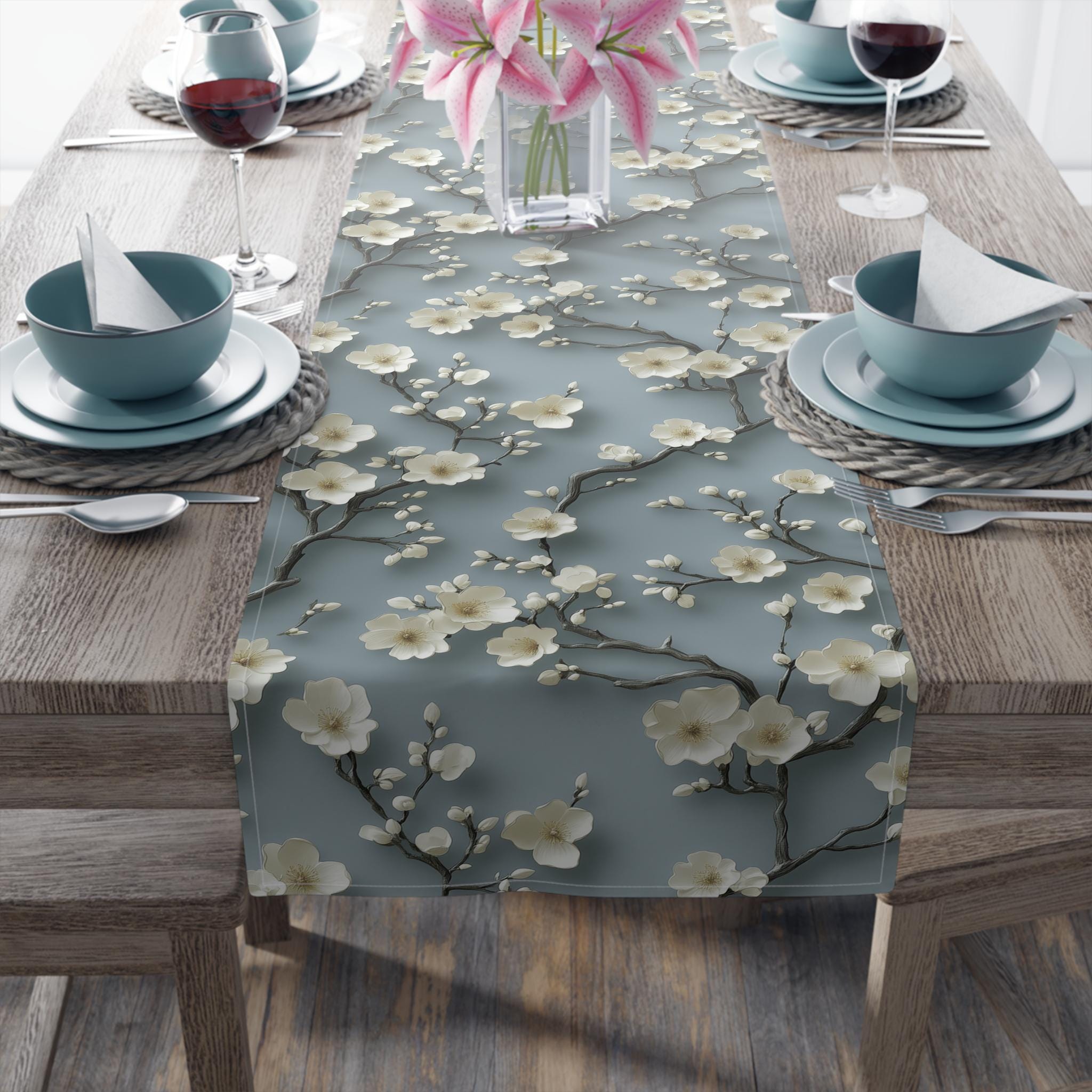 Elegant Chinoiserie Table Runner: Blue-Teal Gradient Cherry Blossom Design for Modern Dining Decor