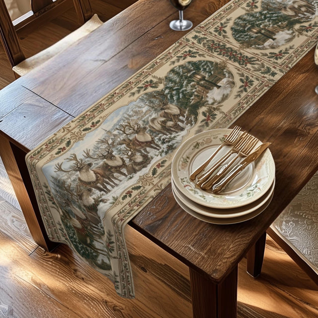 Vintage Style Reindeer Table Runner: Nostalgic Christmas, Winter Dining Decor